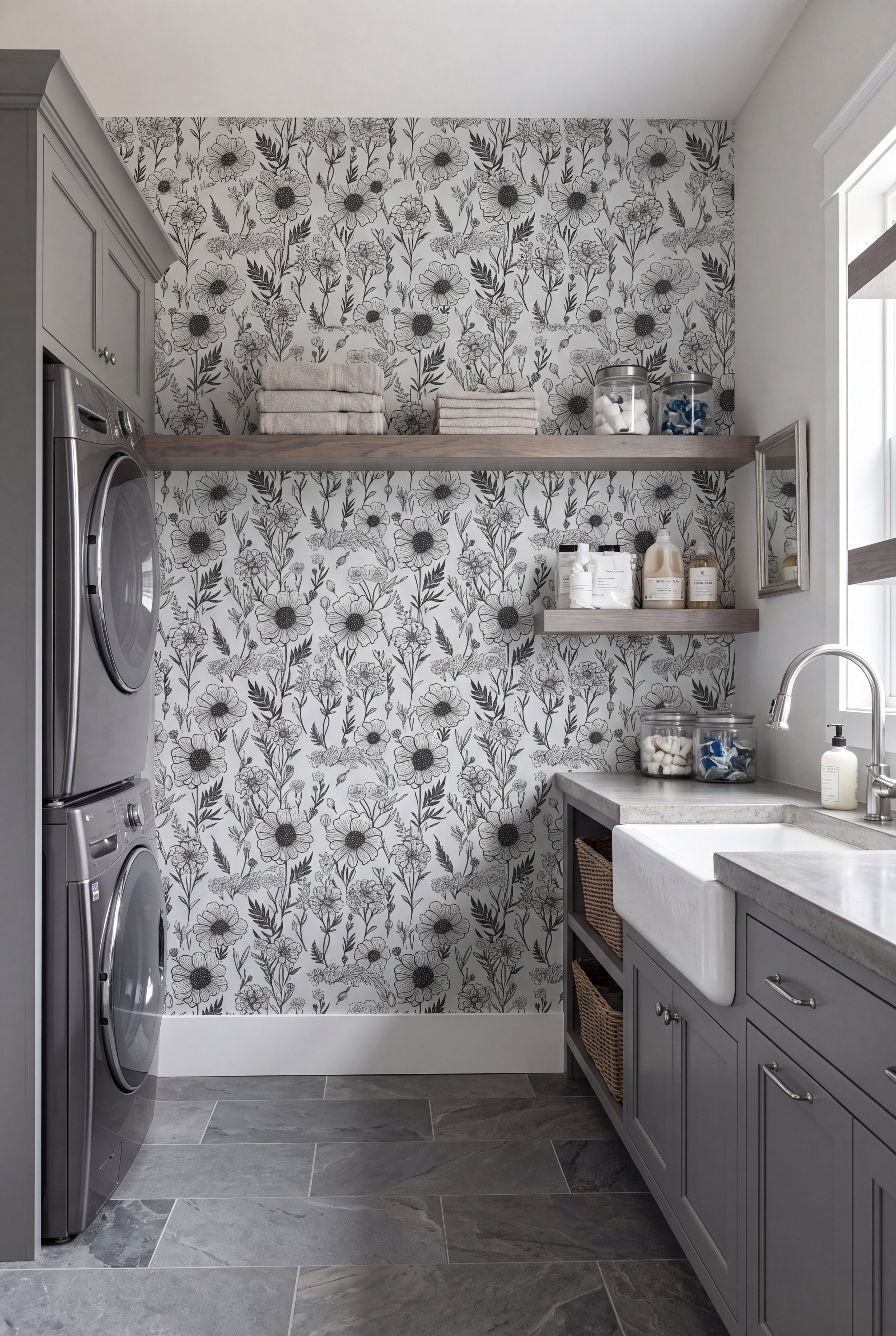 Etched Bloom wallpaper shown in a laundry room