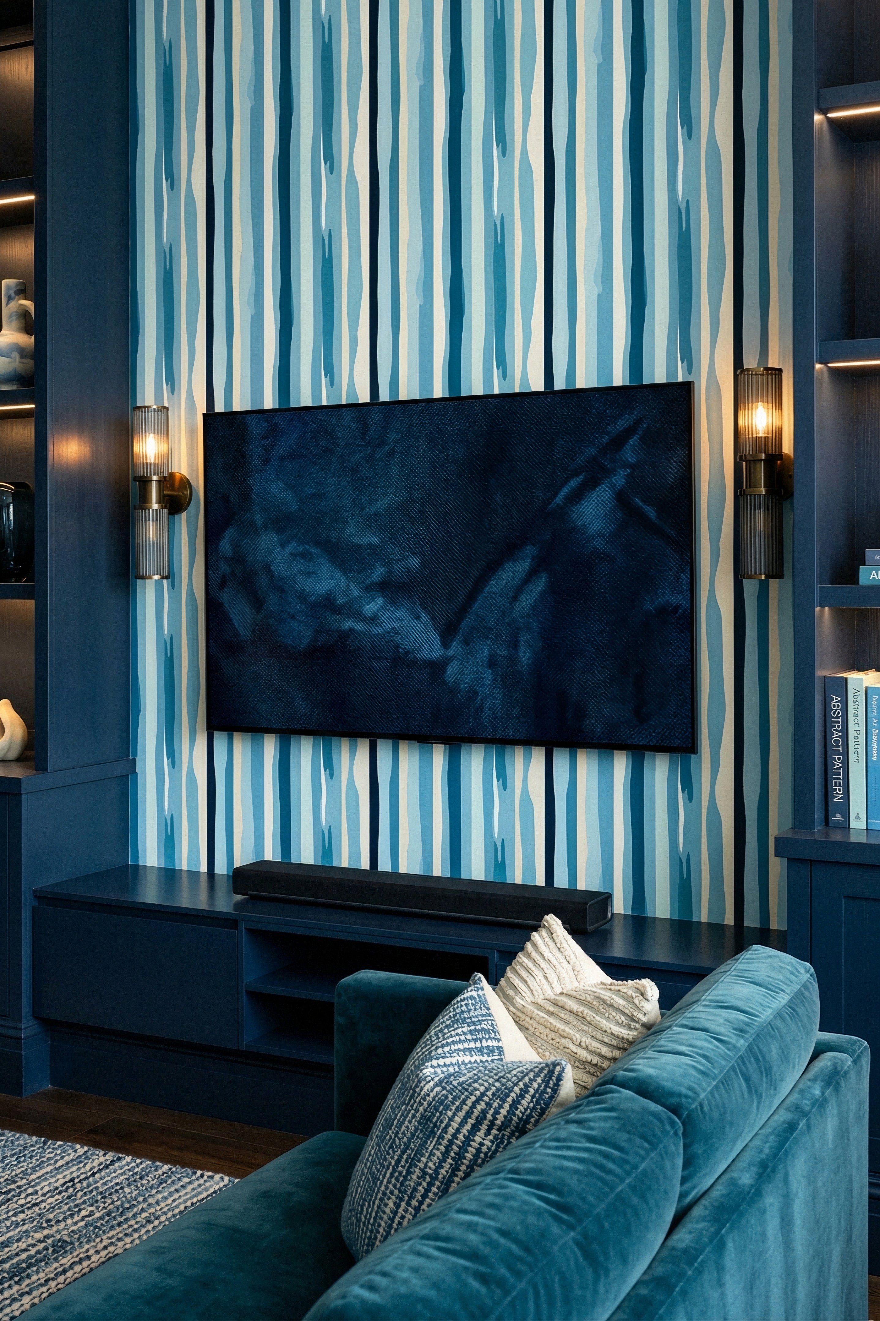 Cape Stripe wallpaper shown in a media room