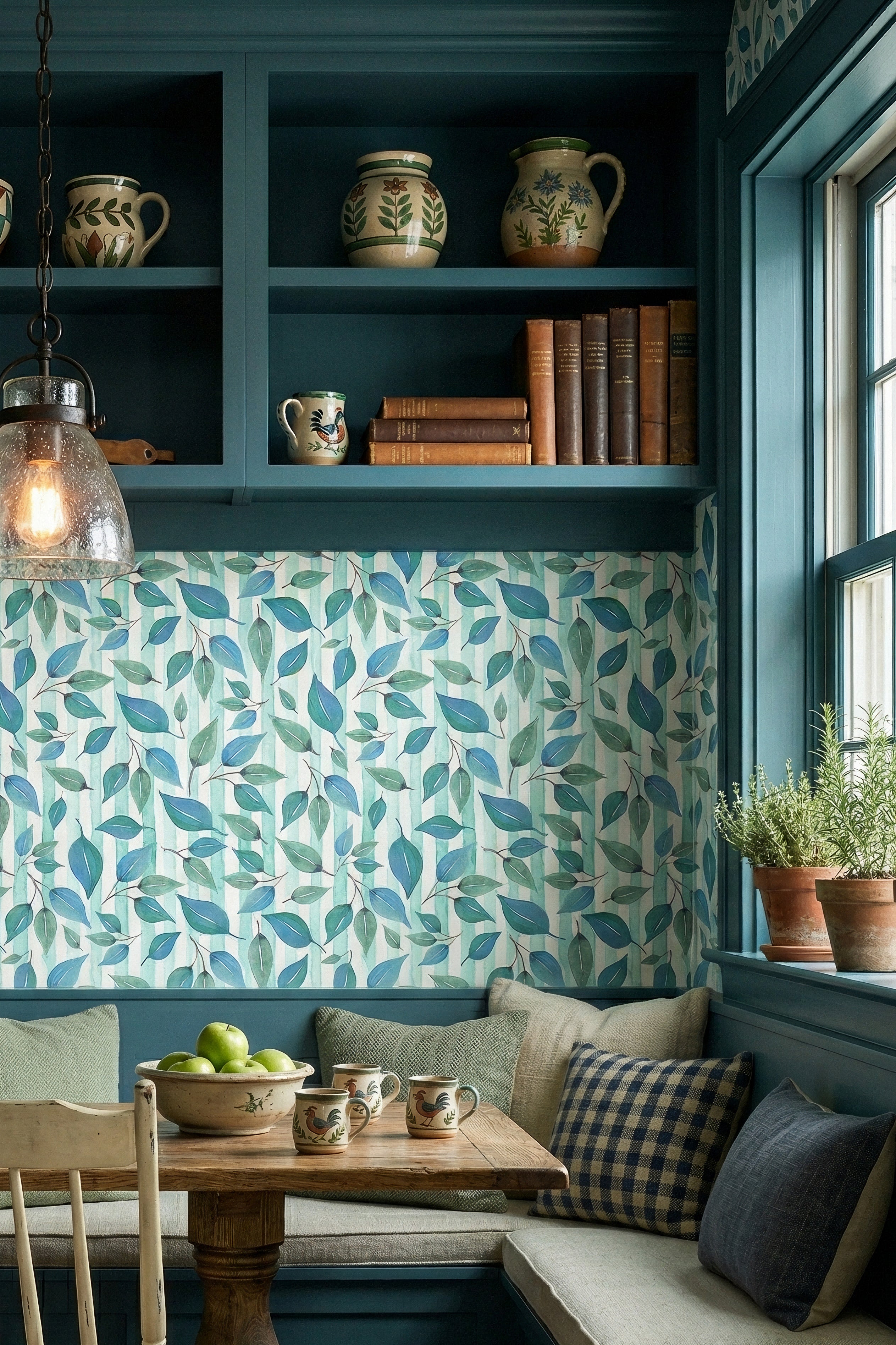 Folk Ribbon wallpaper shown in a cozy nook