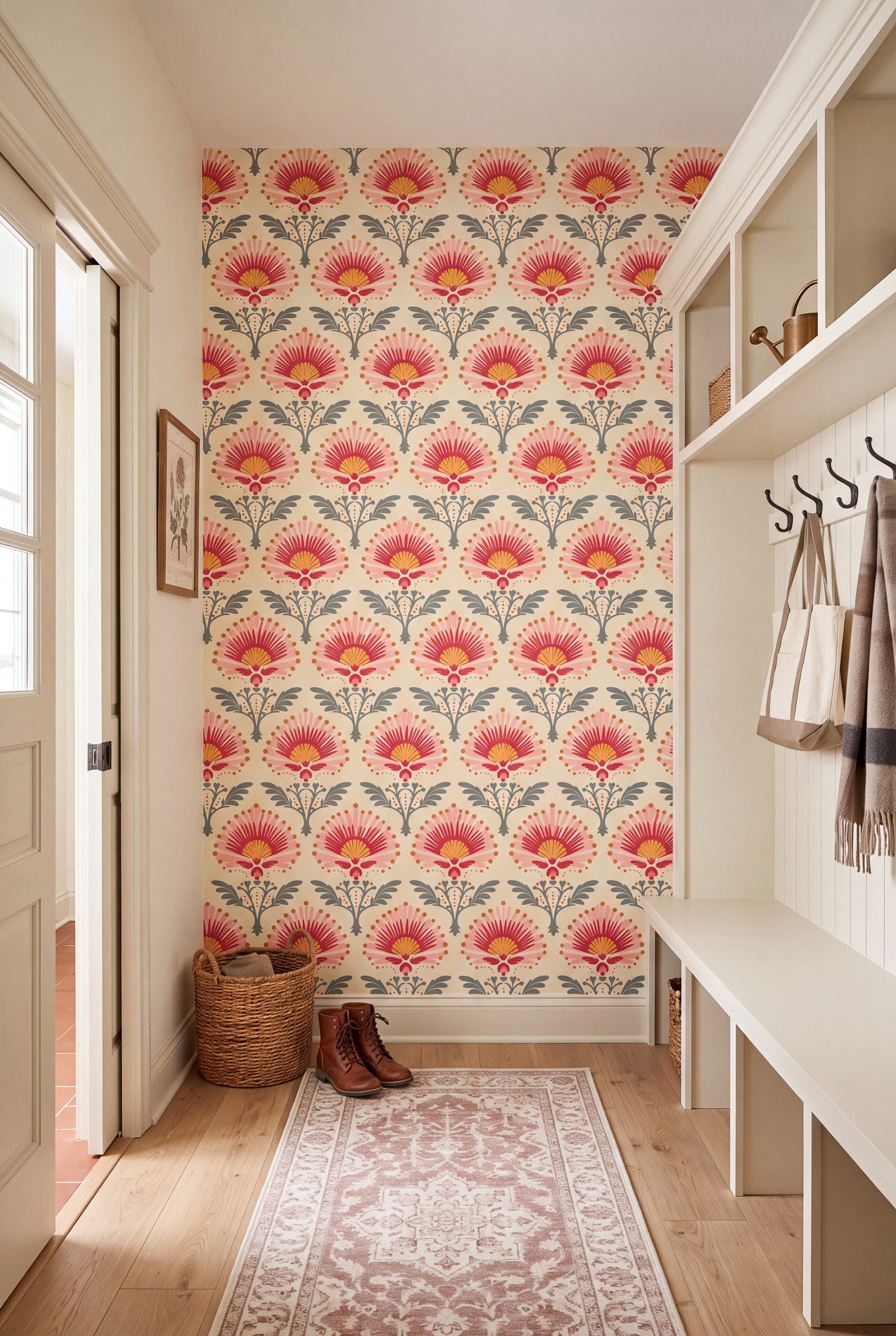 Prairie Rose wallpaper shown in a mudroom