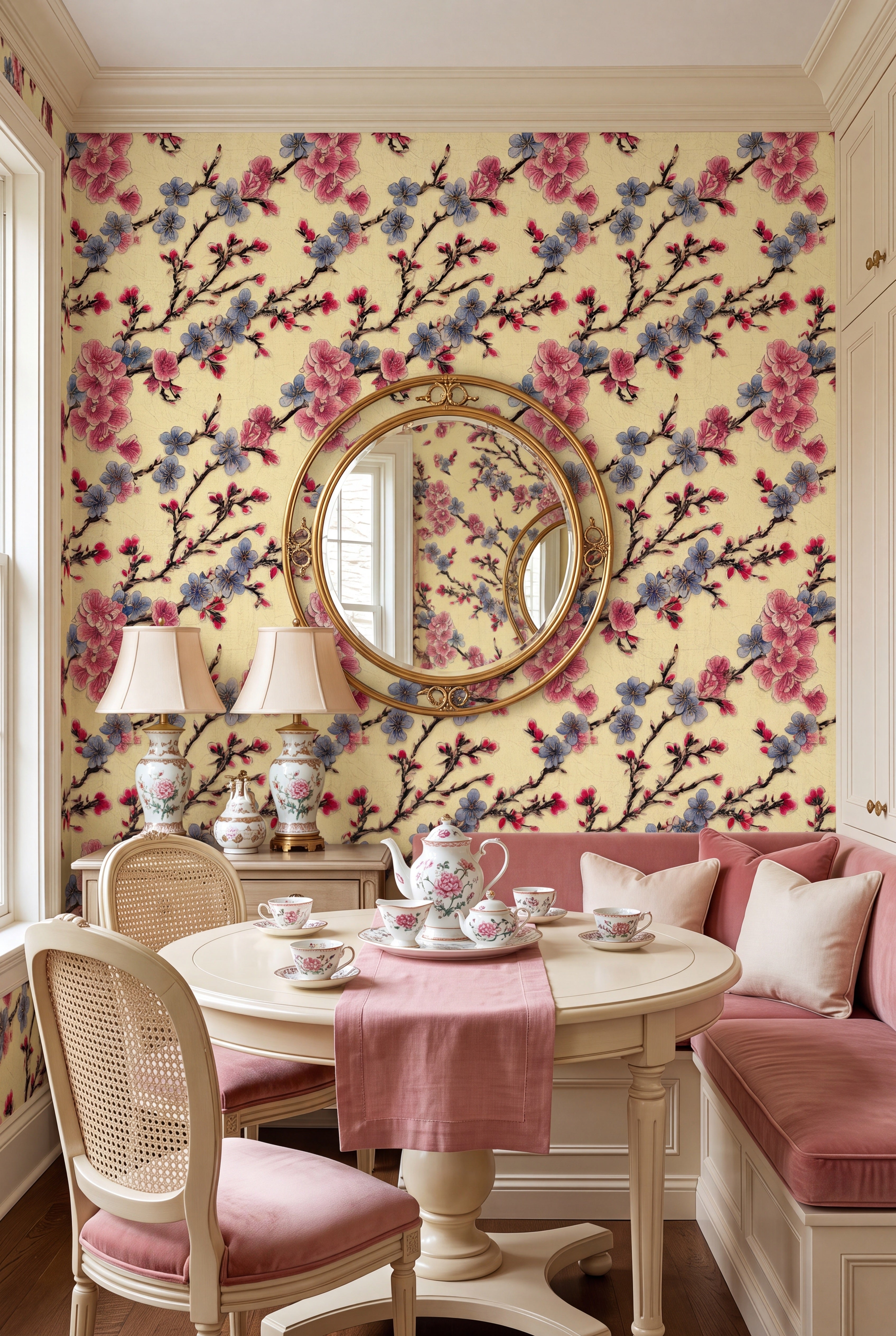 Blossom Pavilion wallpaper shown in a cozy nook