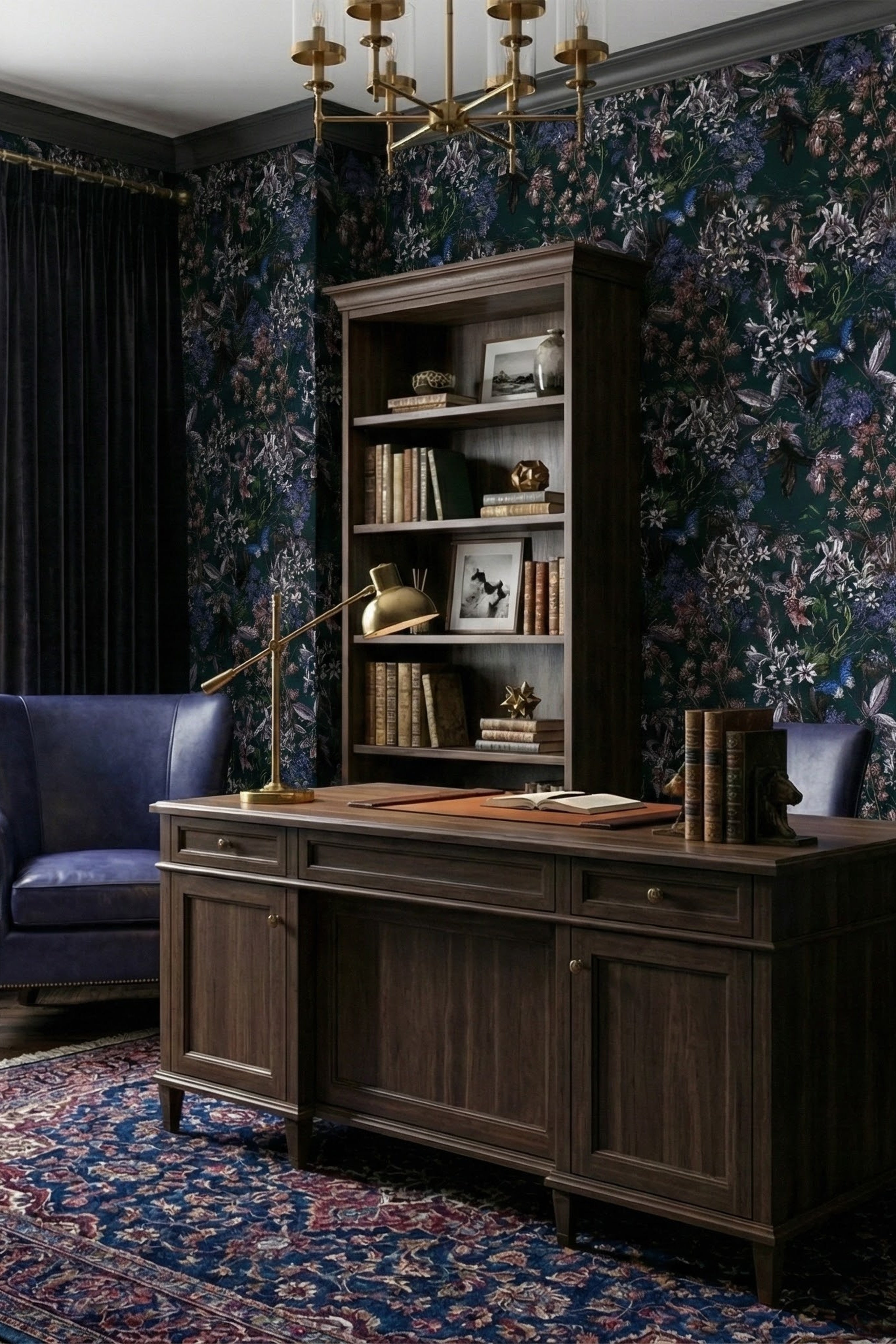 Midnight Flutter wallpaper shown in a home office