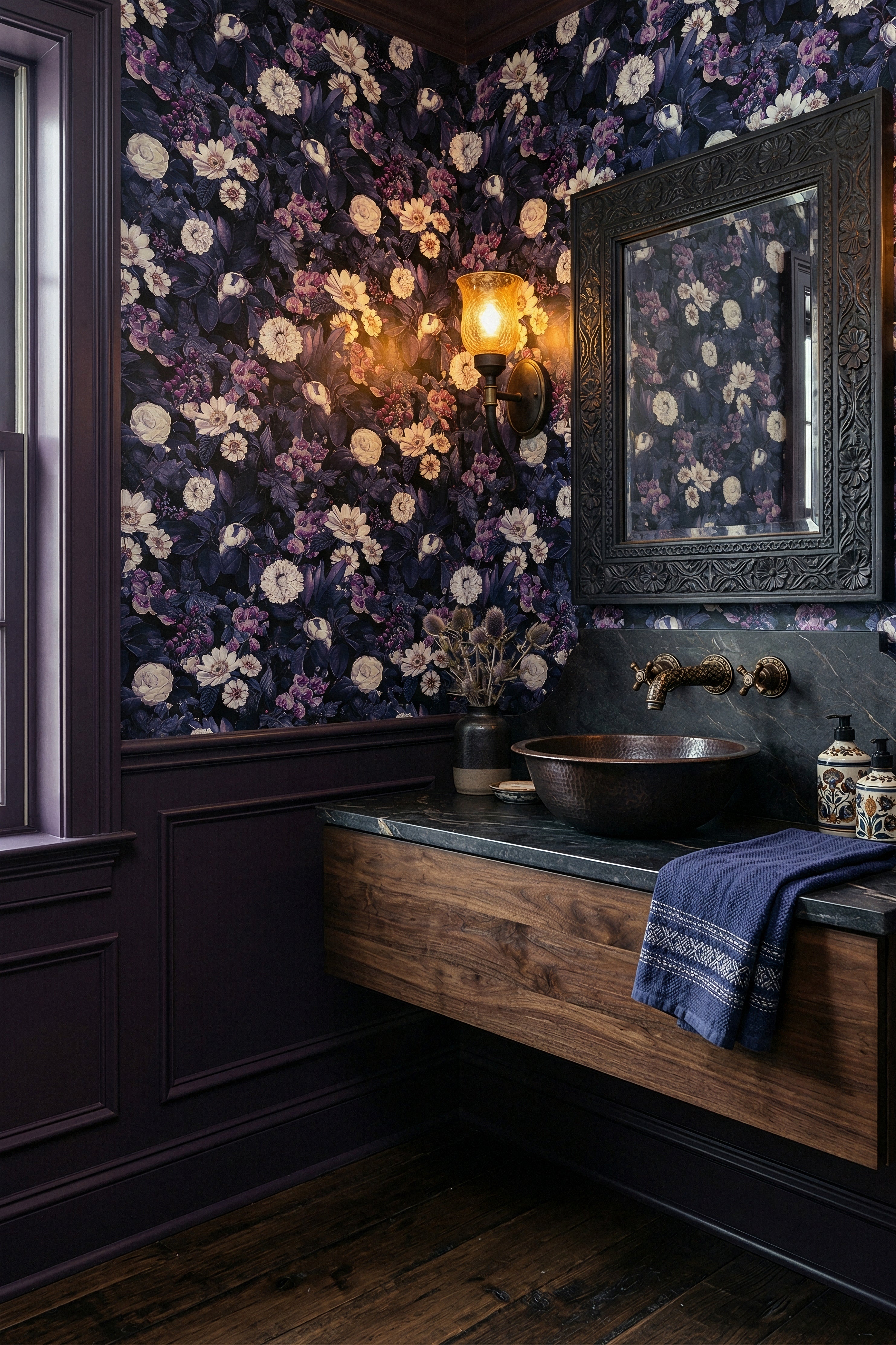 Violet Hour wallpaper shown in a powder room