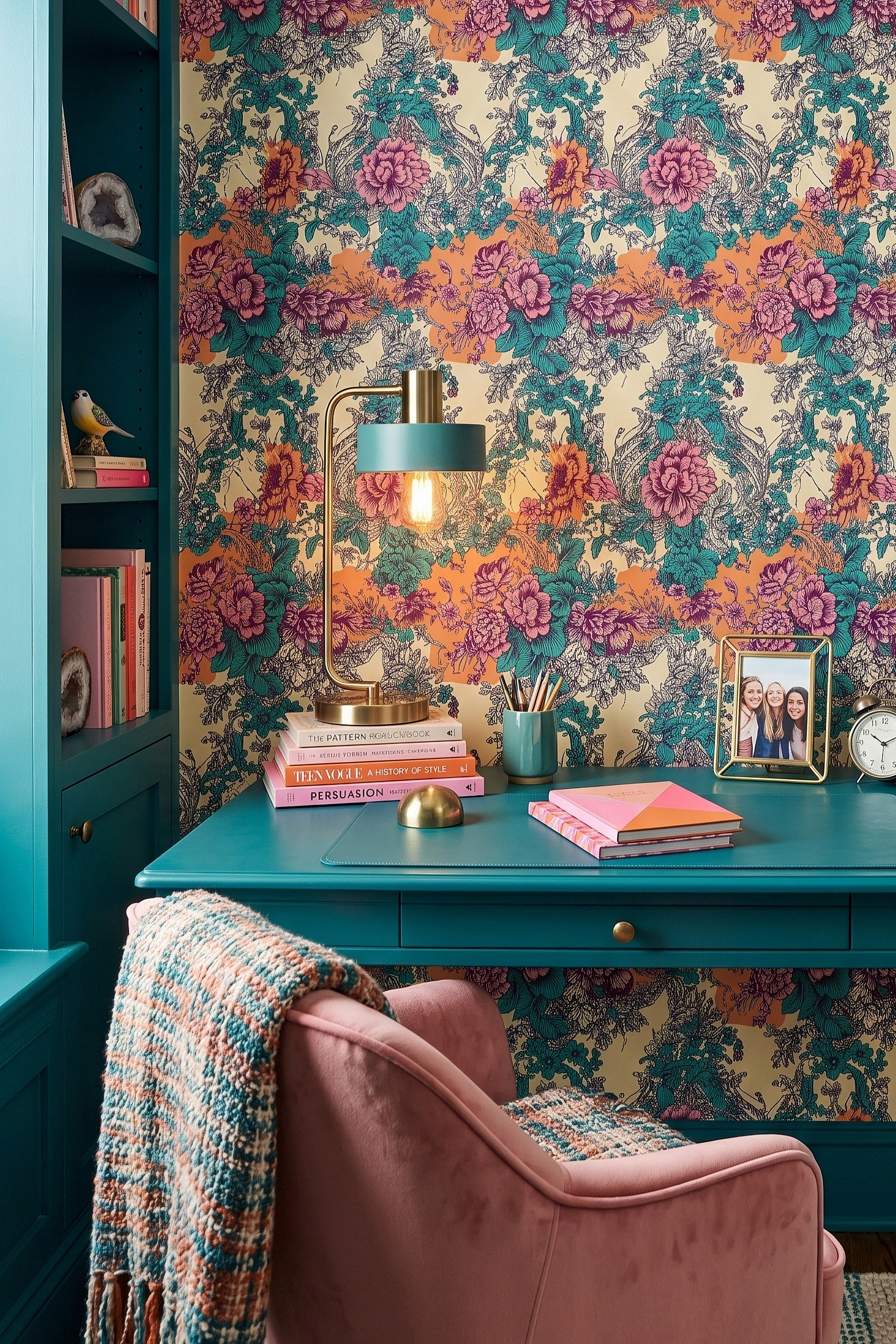 Rococo Coral wallpaper shown in a home office