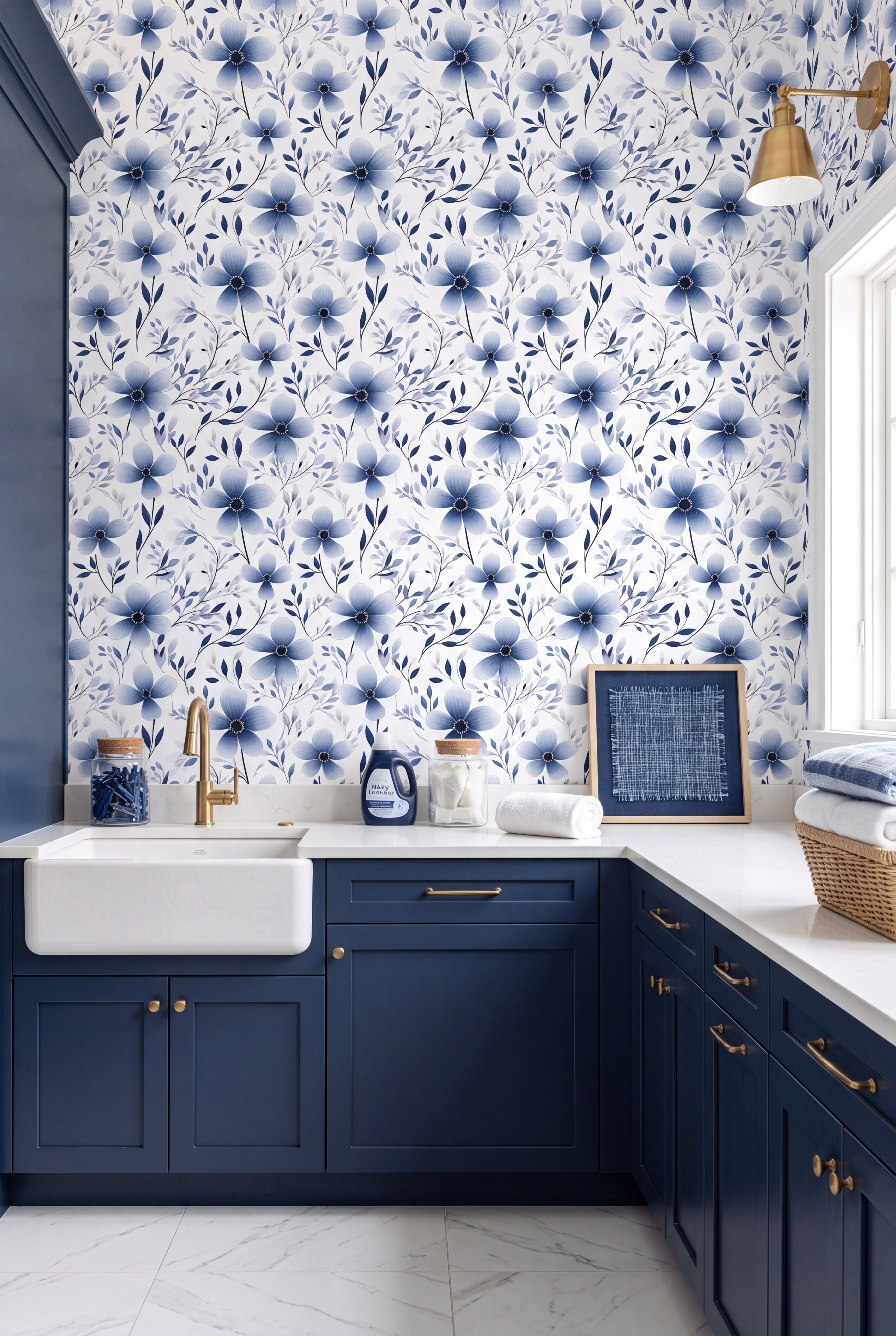 Indigo Bloom wallpaper shown in a laundry room