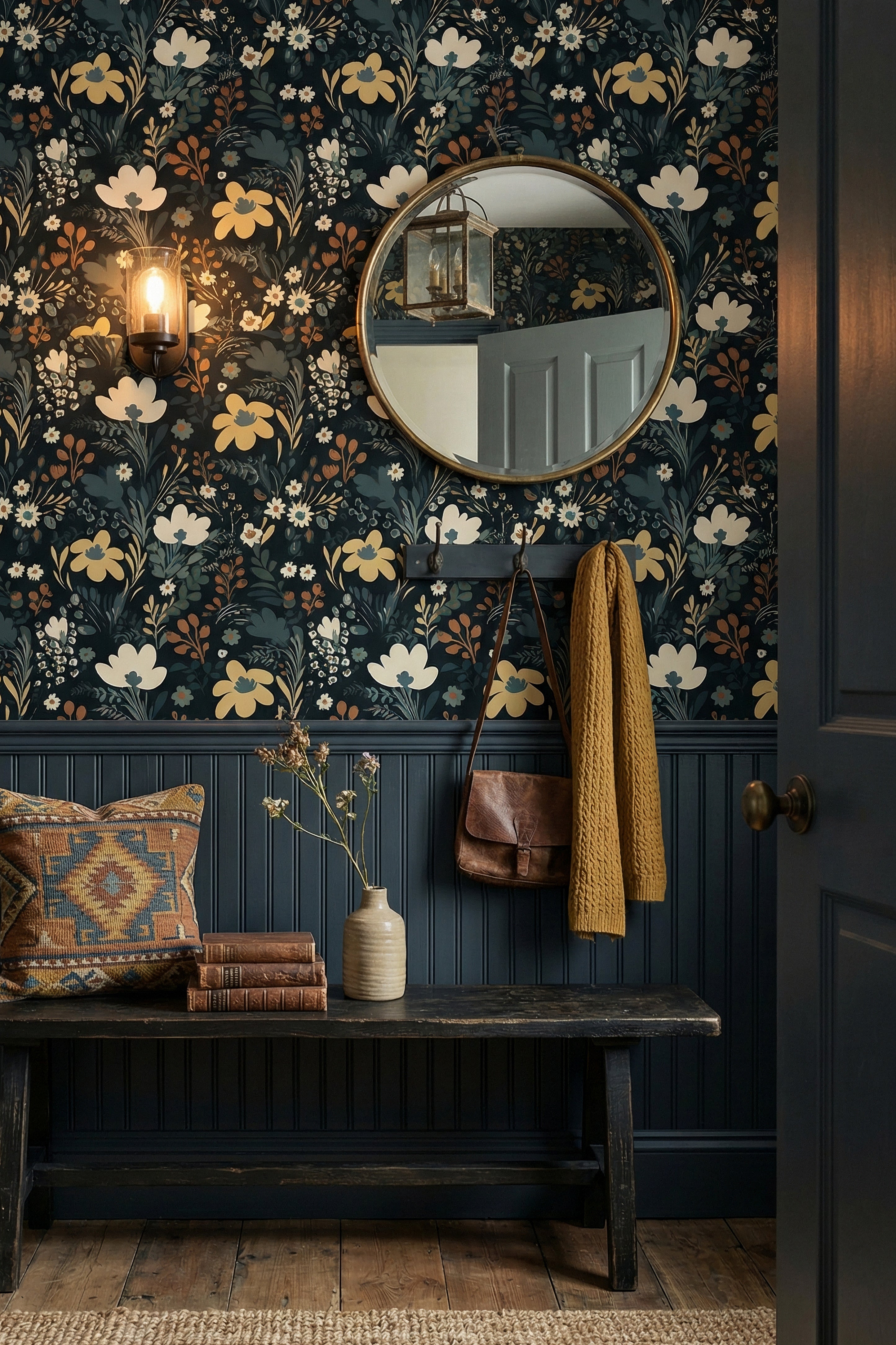 Boho Nocturne wallpaper shown in an entryway