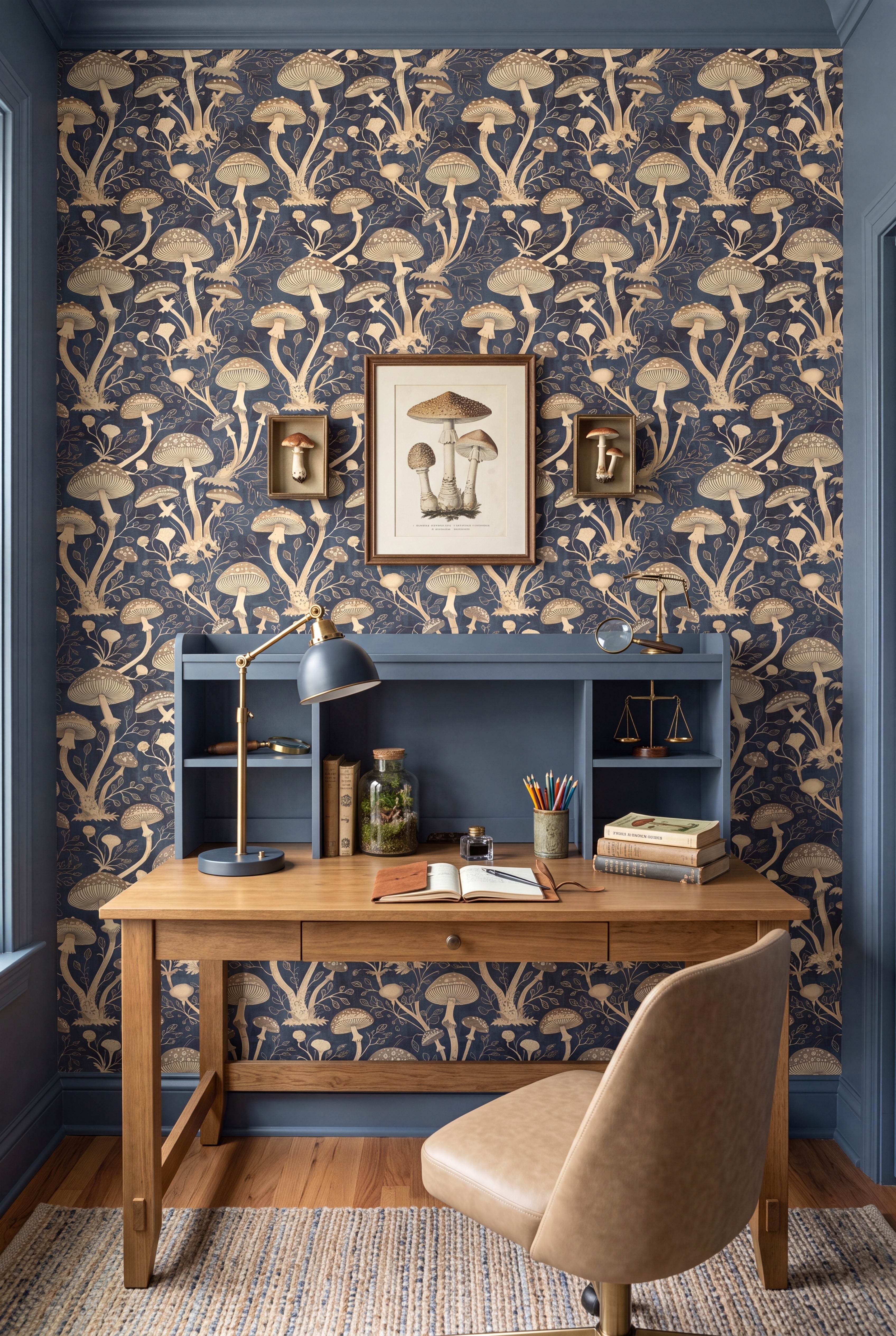 Champignon wallpaper shown in a home office