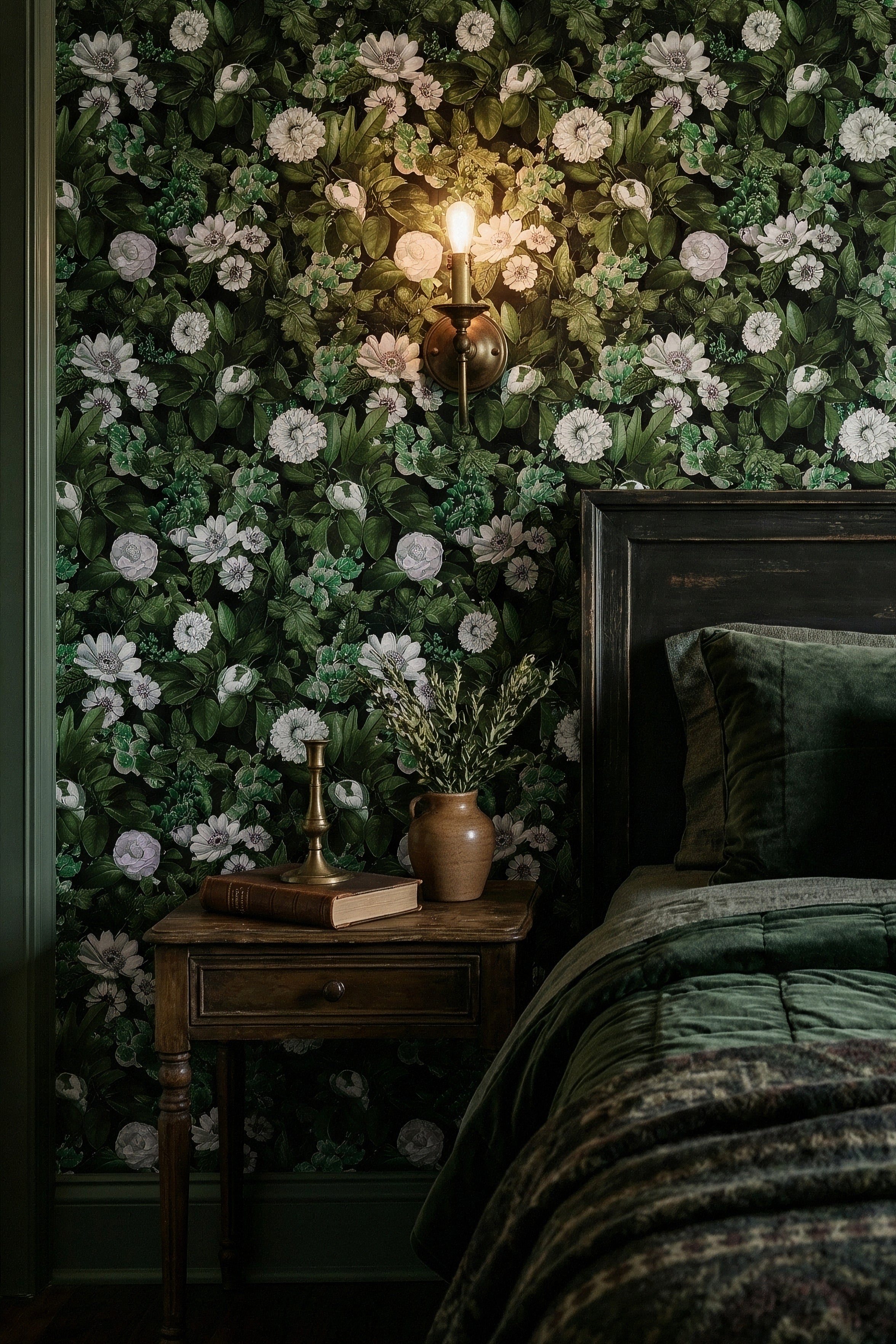 Deep Flora wallpaper shown in a bedroom