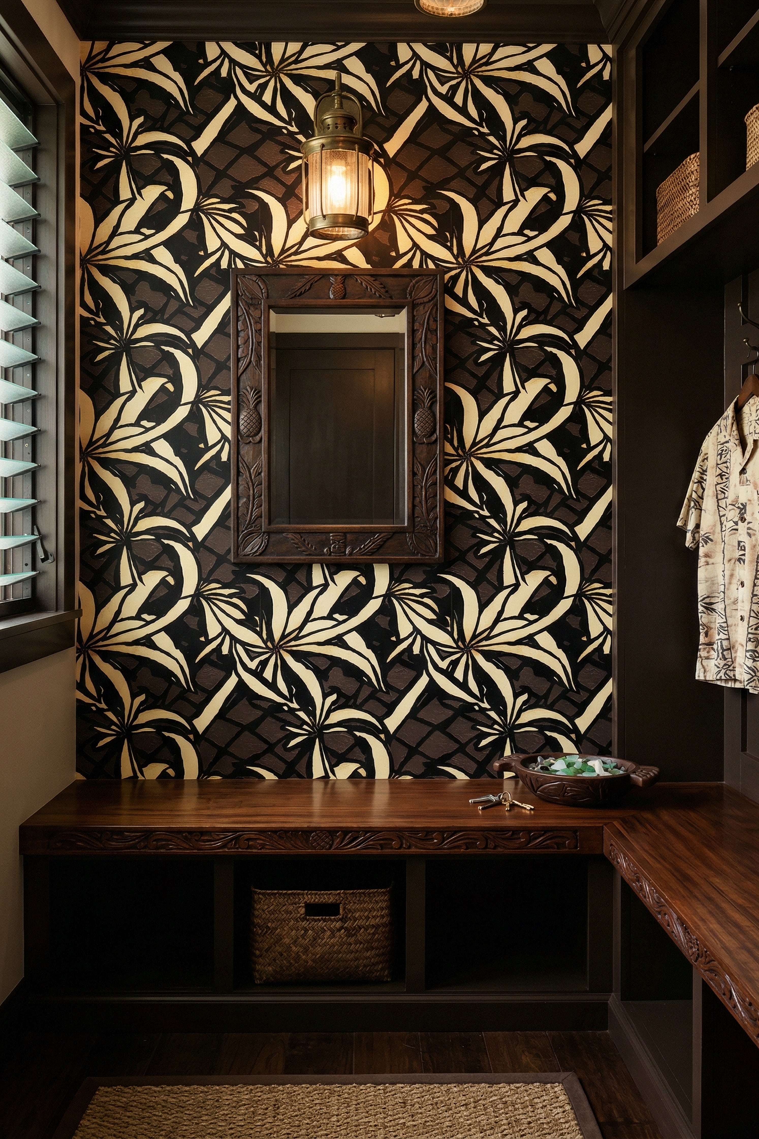 Aloha After Dark wallpaper shown in a mudroom