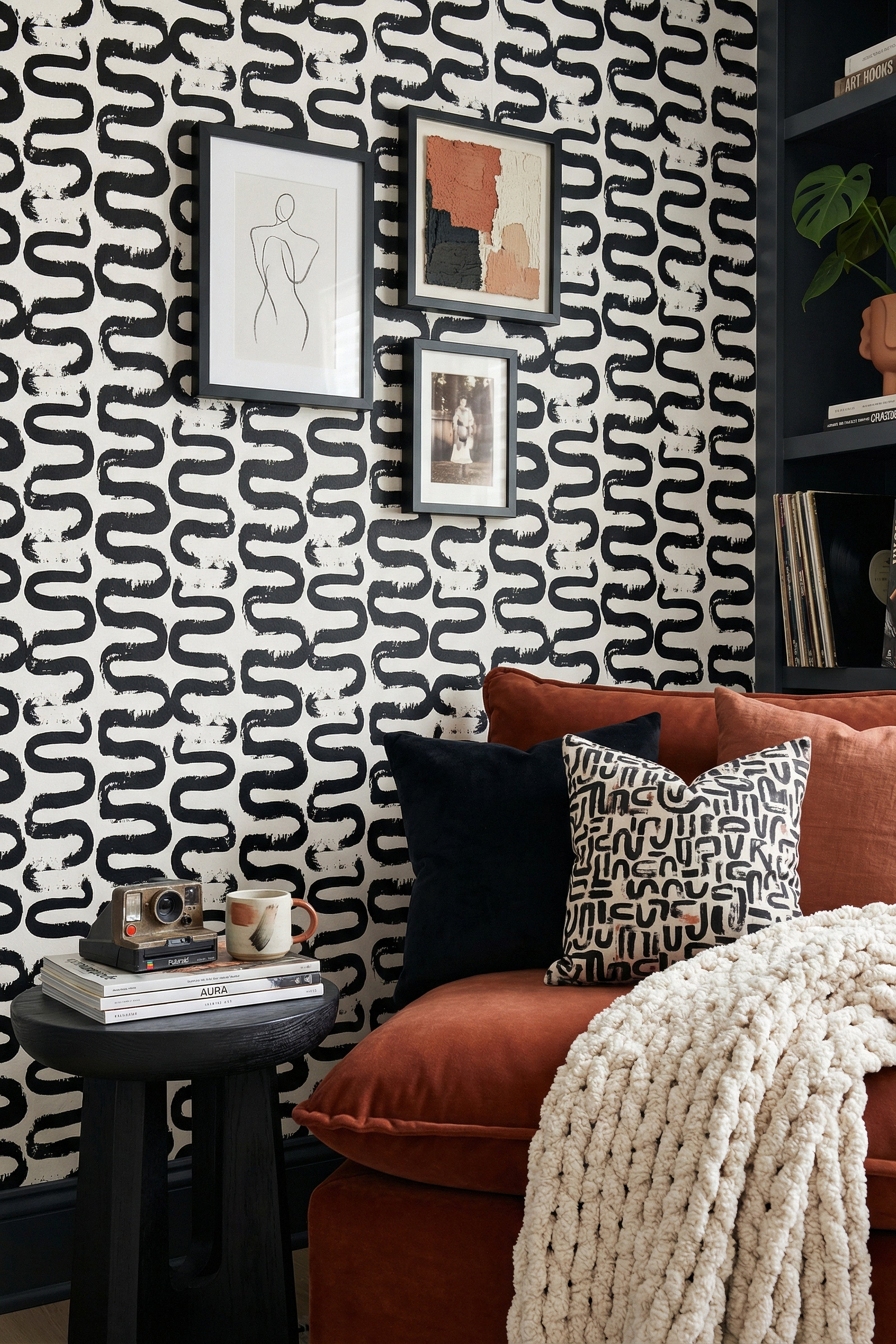 Squiggle wallpaper shown in a living room