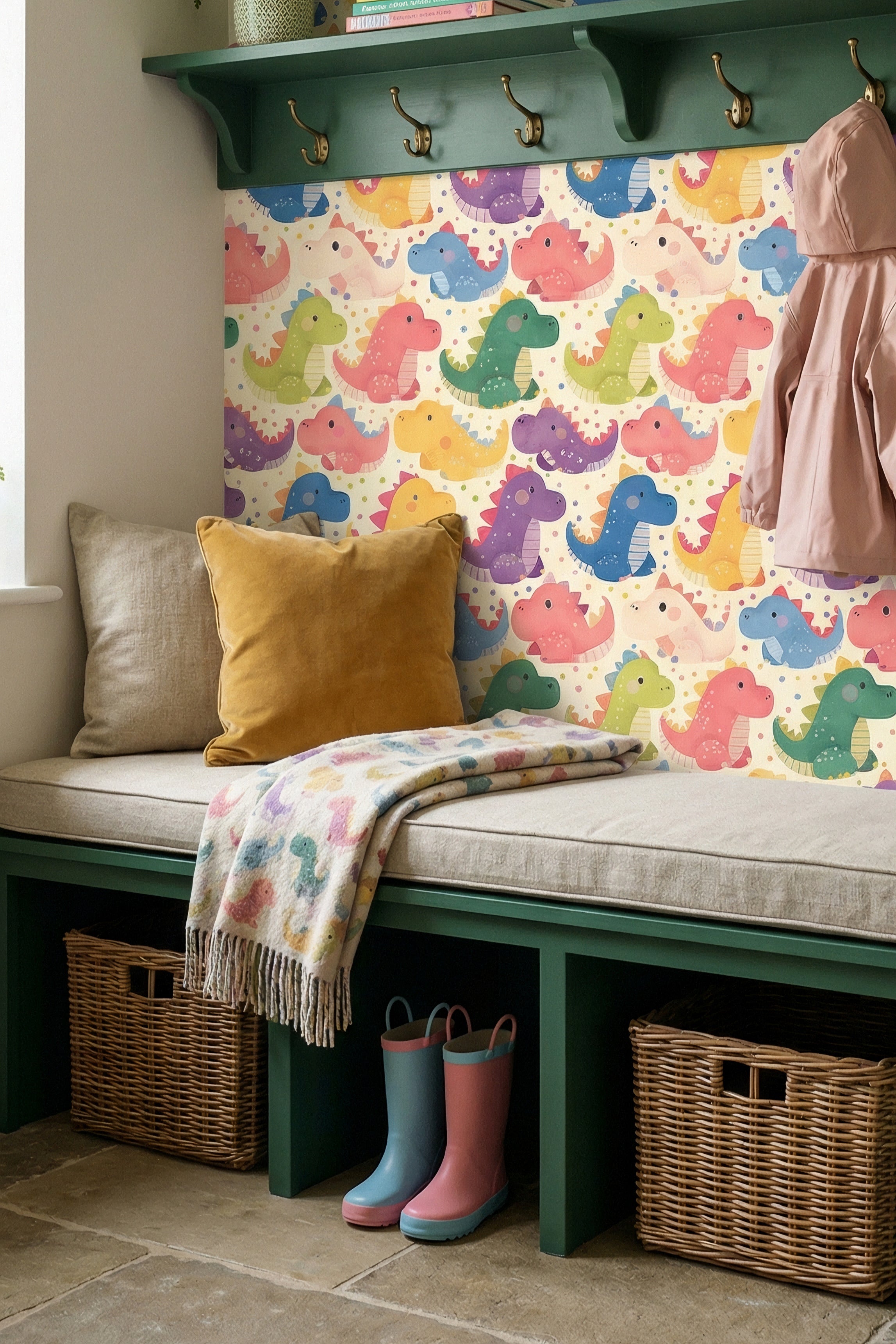 Dino Parade wallpaper shown in a mudroom