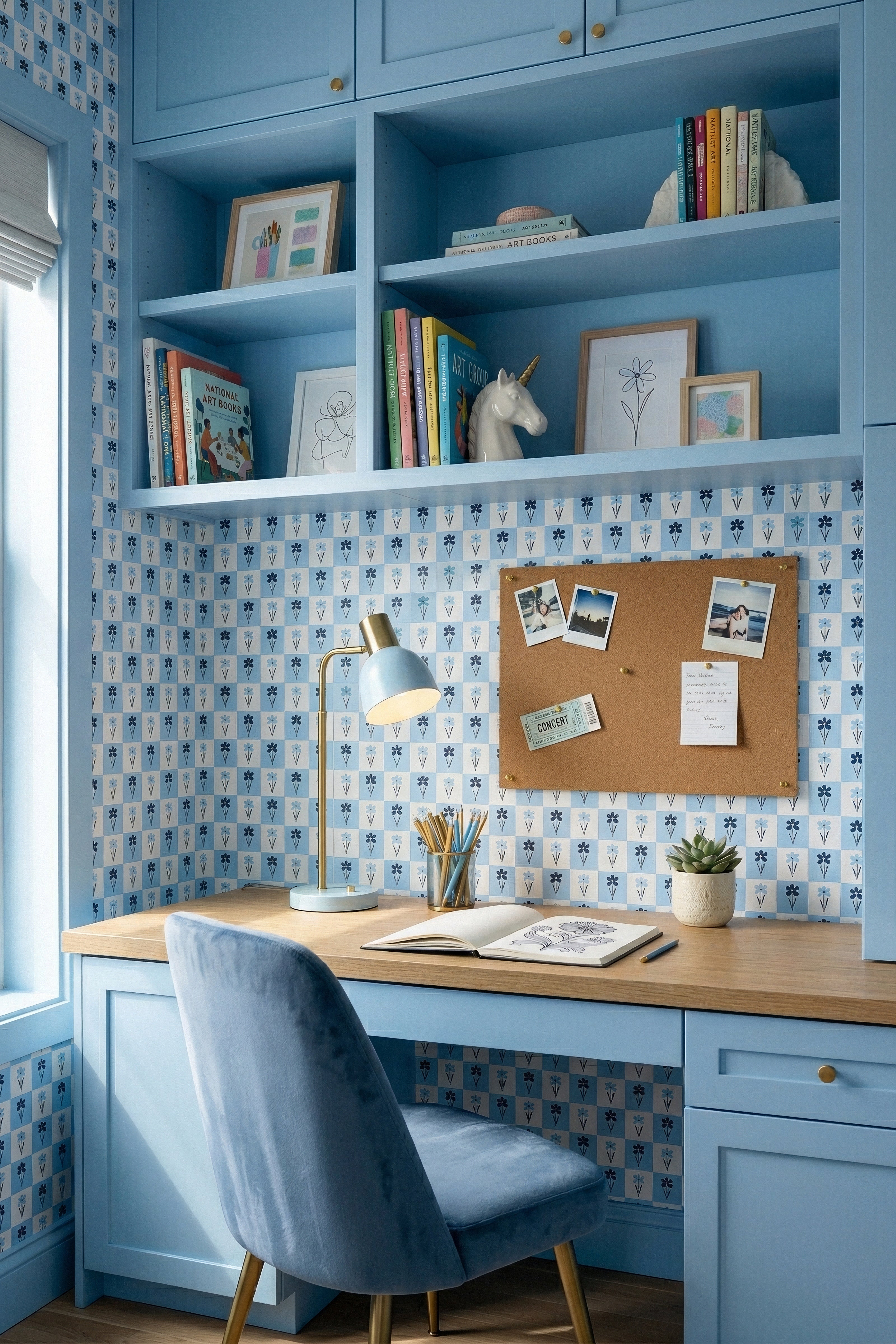 Picnic Daisy wallpaper shown in a home office