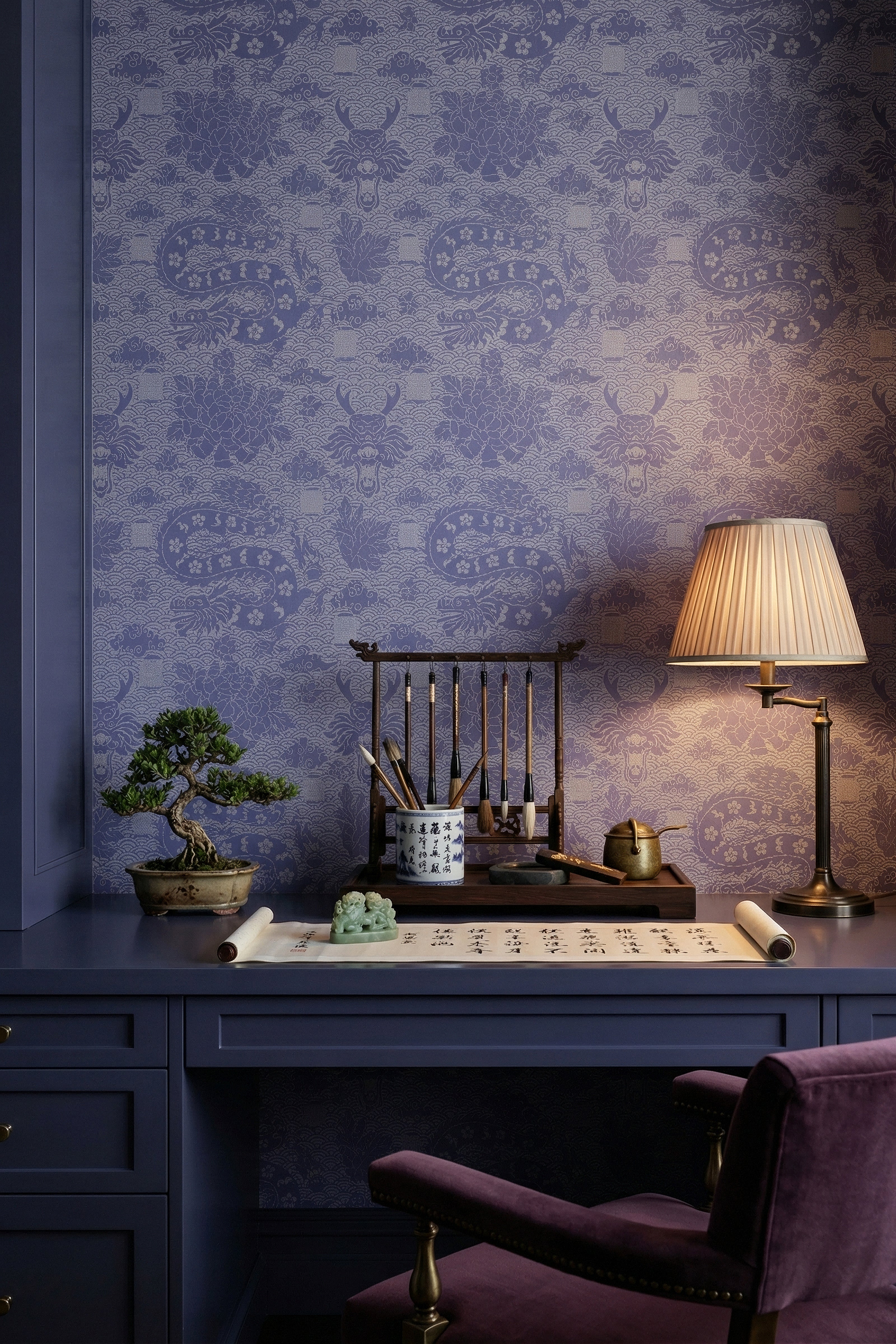 Violet Dragon wallpaper shown in a home office
