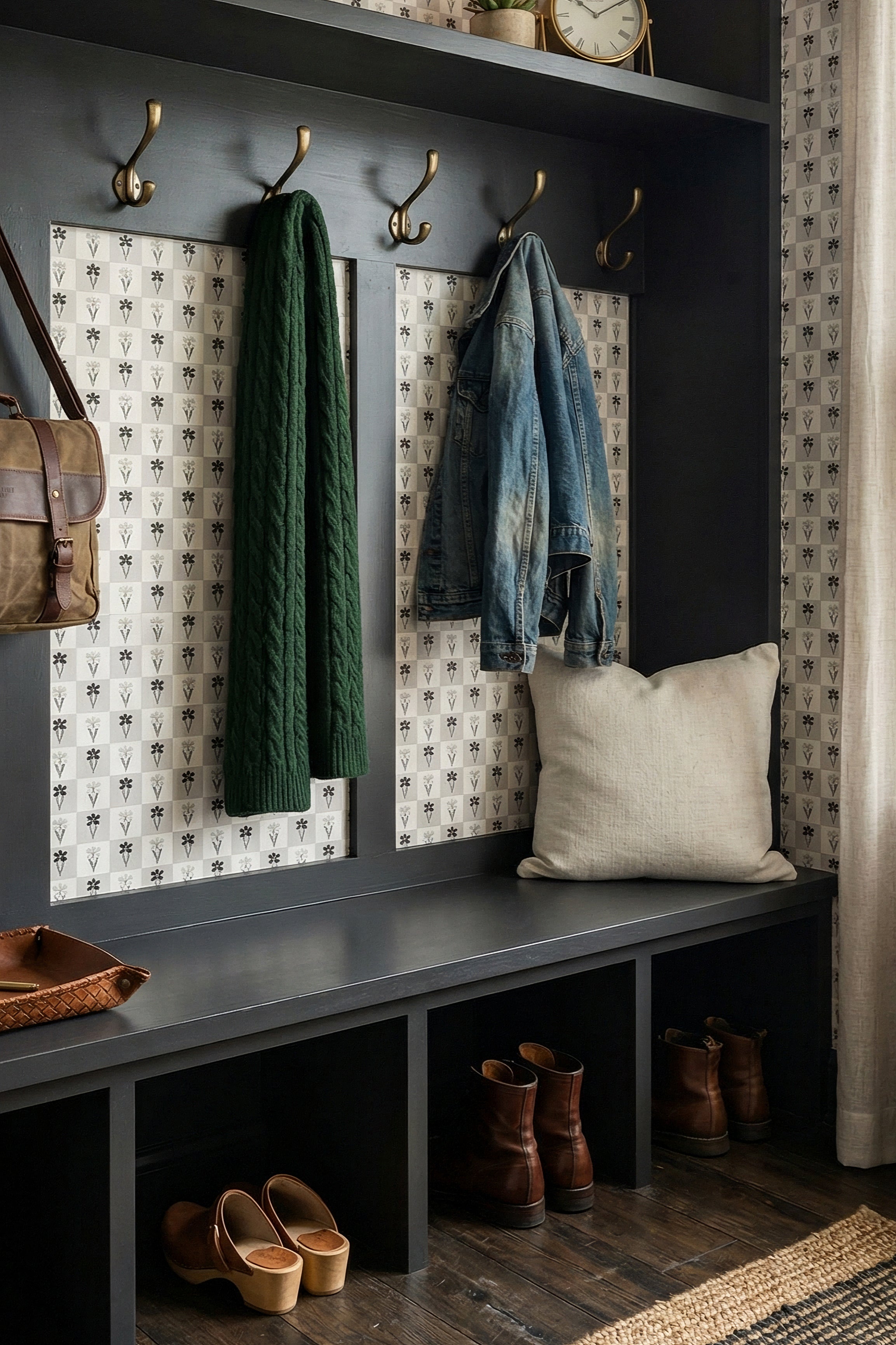 Checkmate wallpaper shown in a mudroom