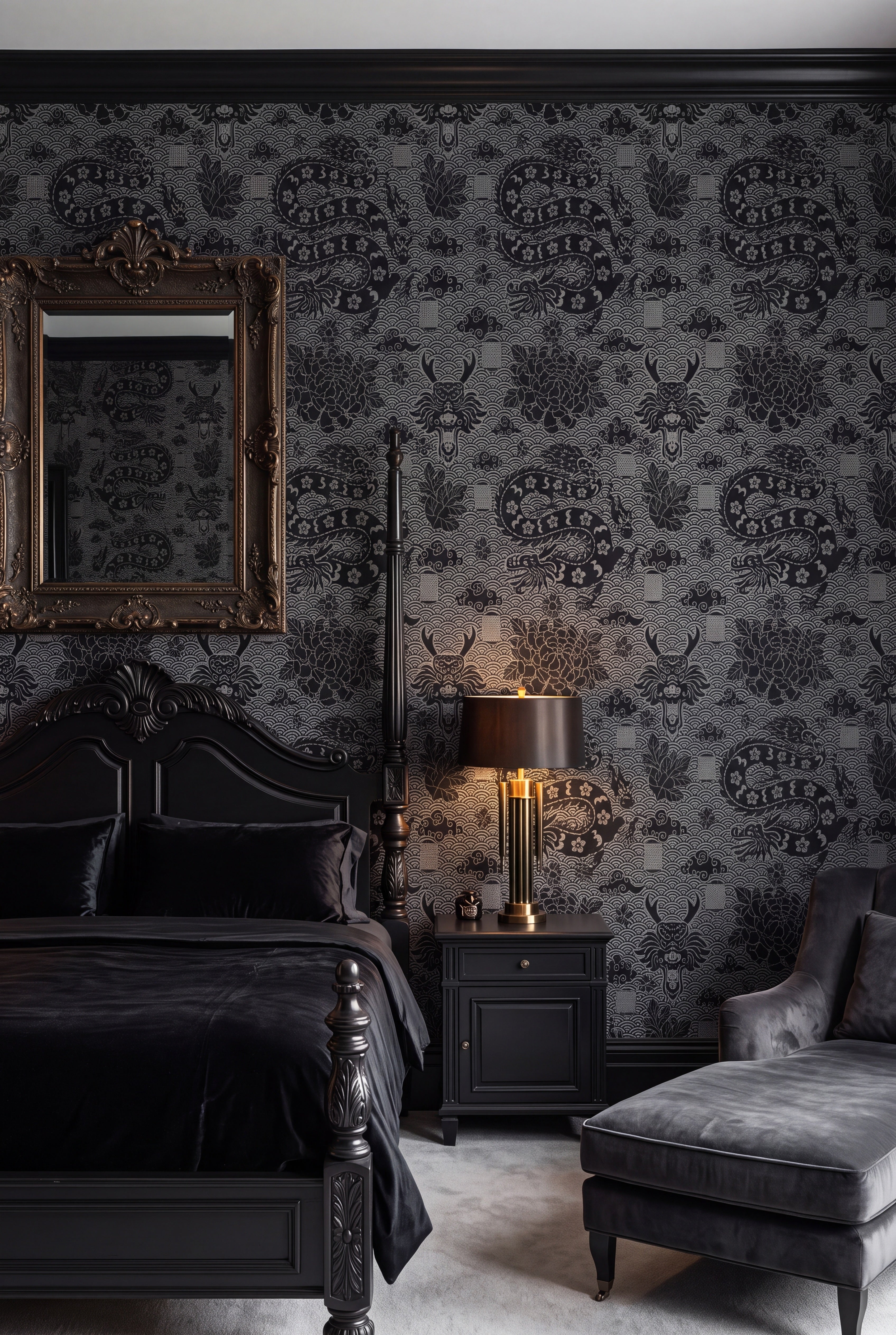 Shadow Dragon wallpaper shown in a bedroom