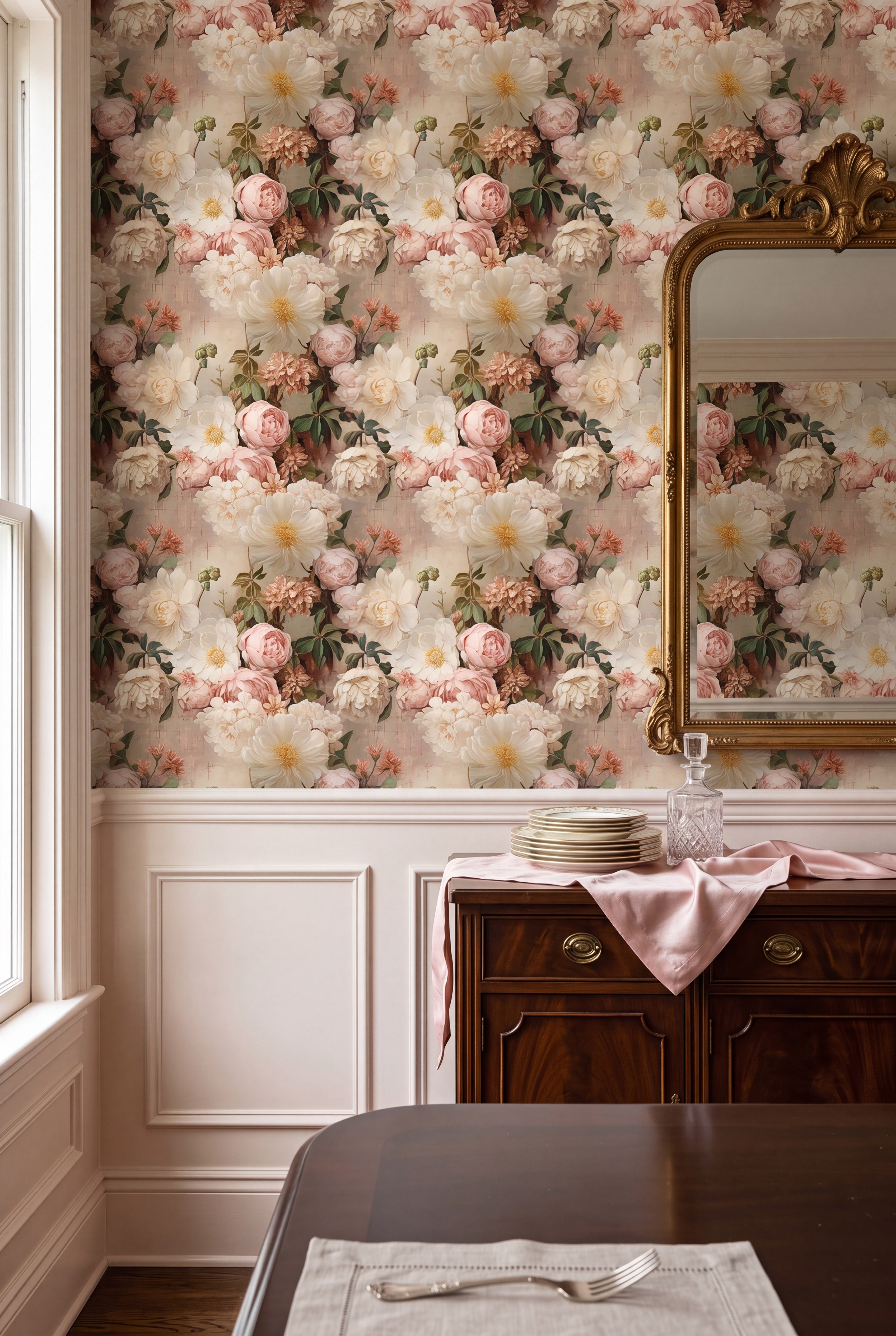 Secret Garden wallpaper shown in a dining room
