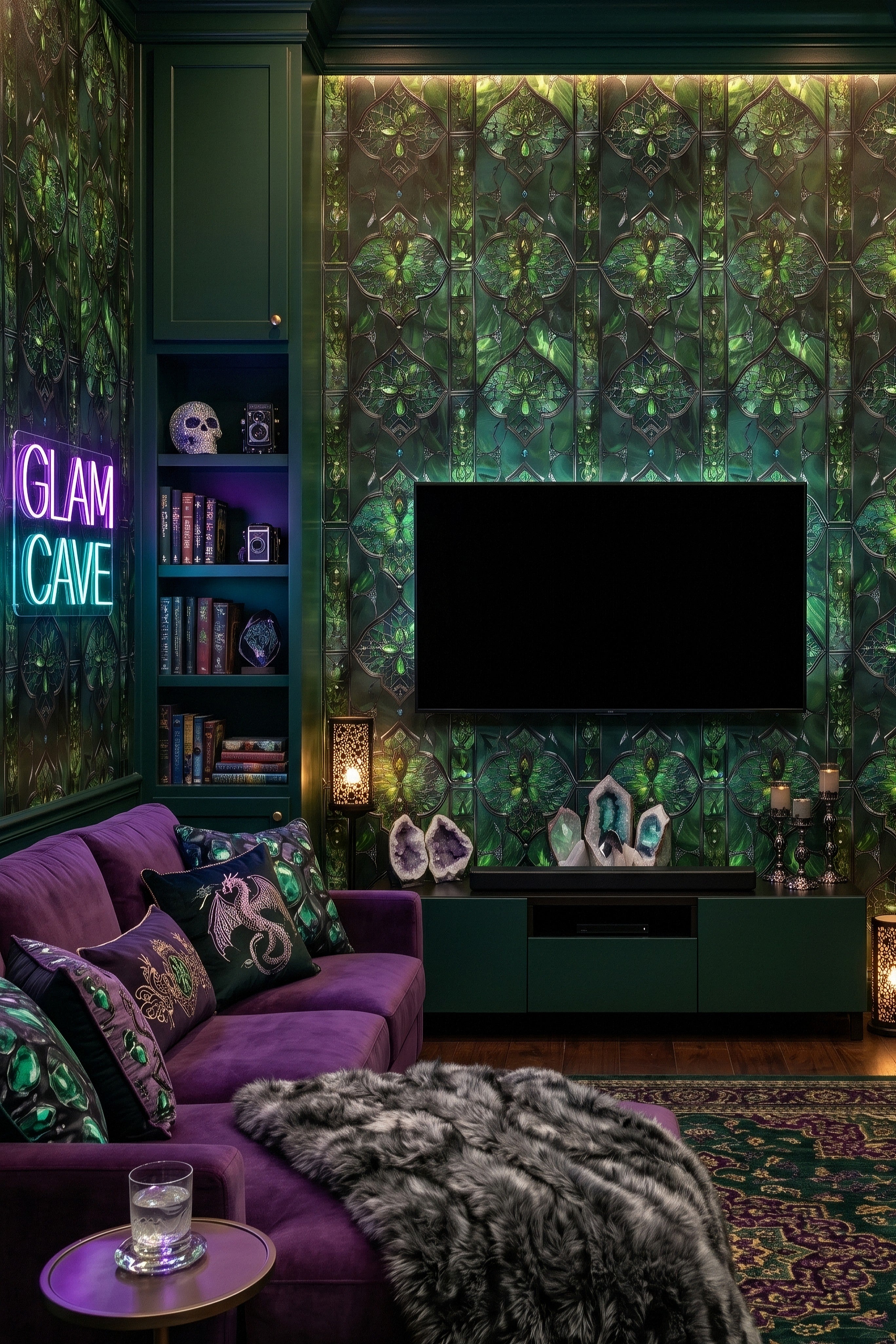 Emerald Chapel wallpaper shown in a media room