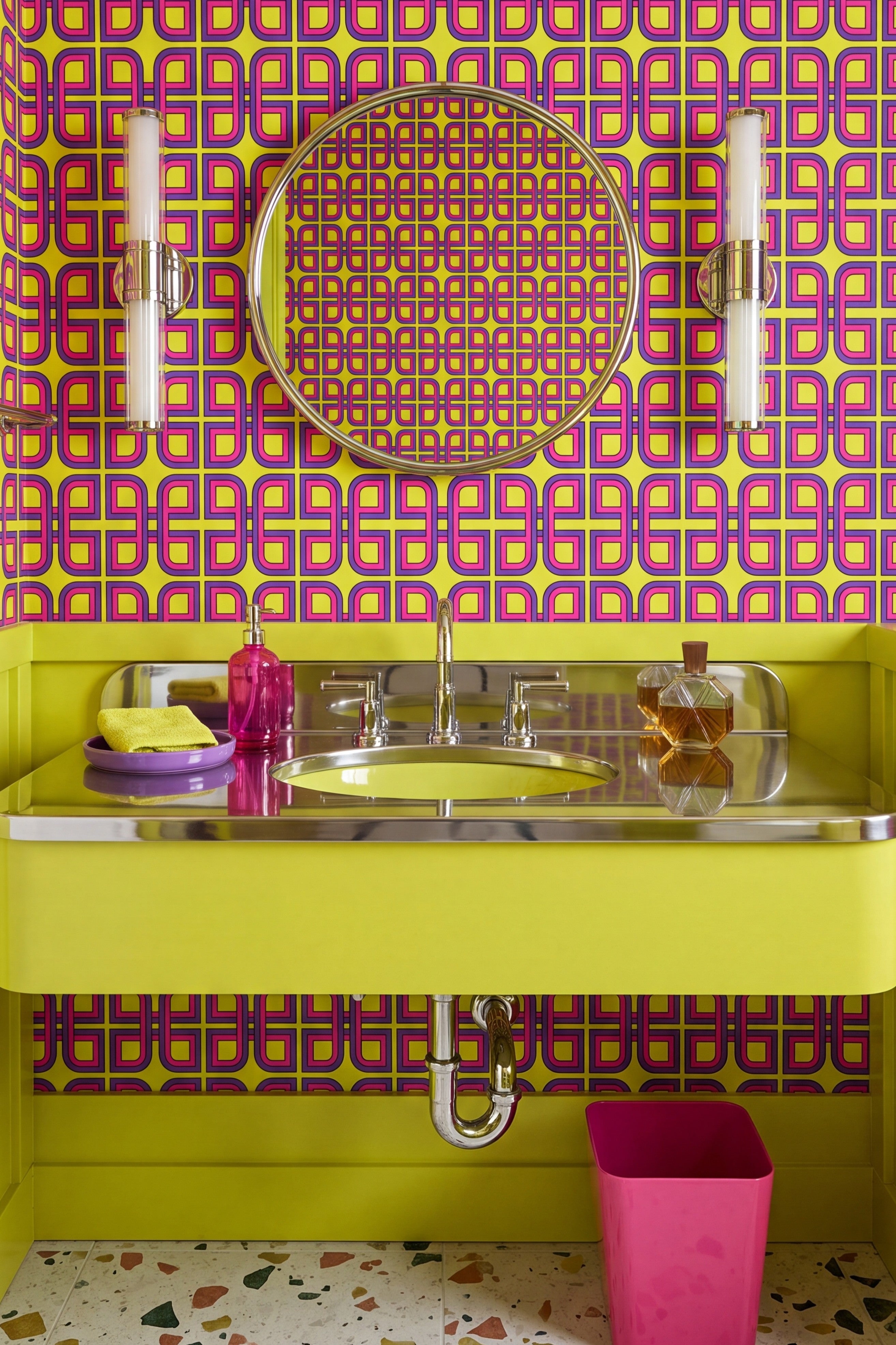 Neon Nineties wallpaper shown in a powder room