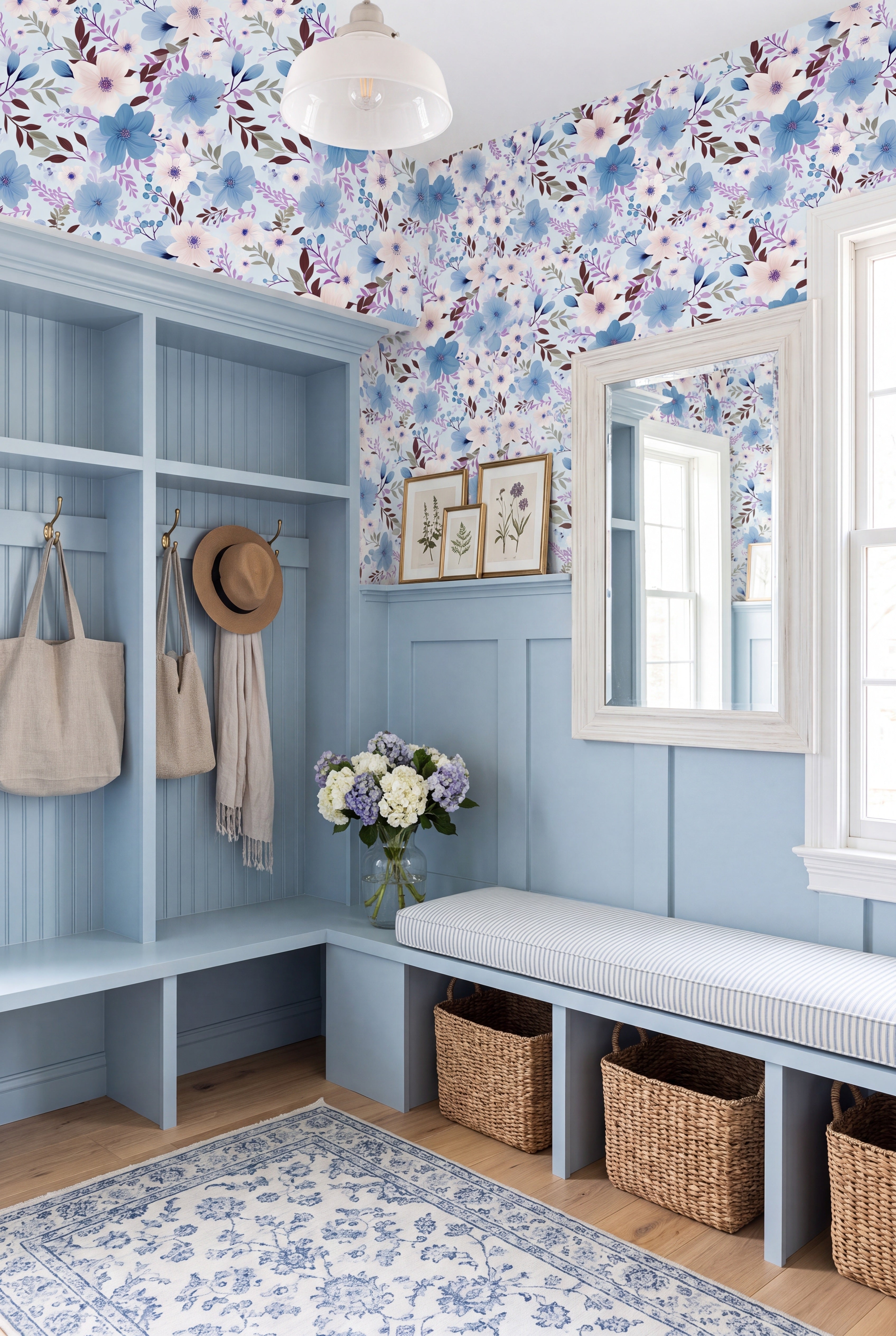 Bluebell Daydream wallpaper shown in a mudroom