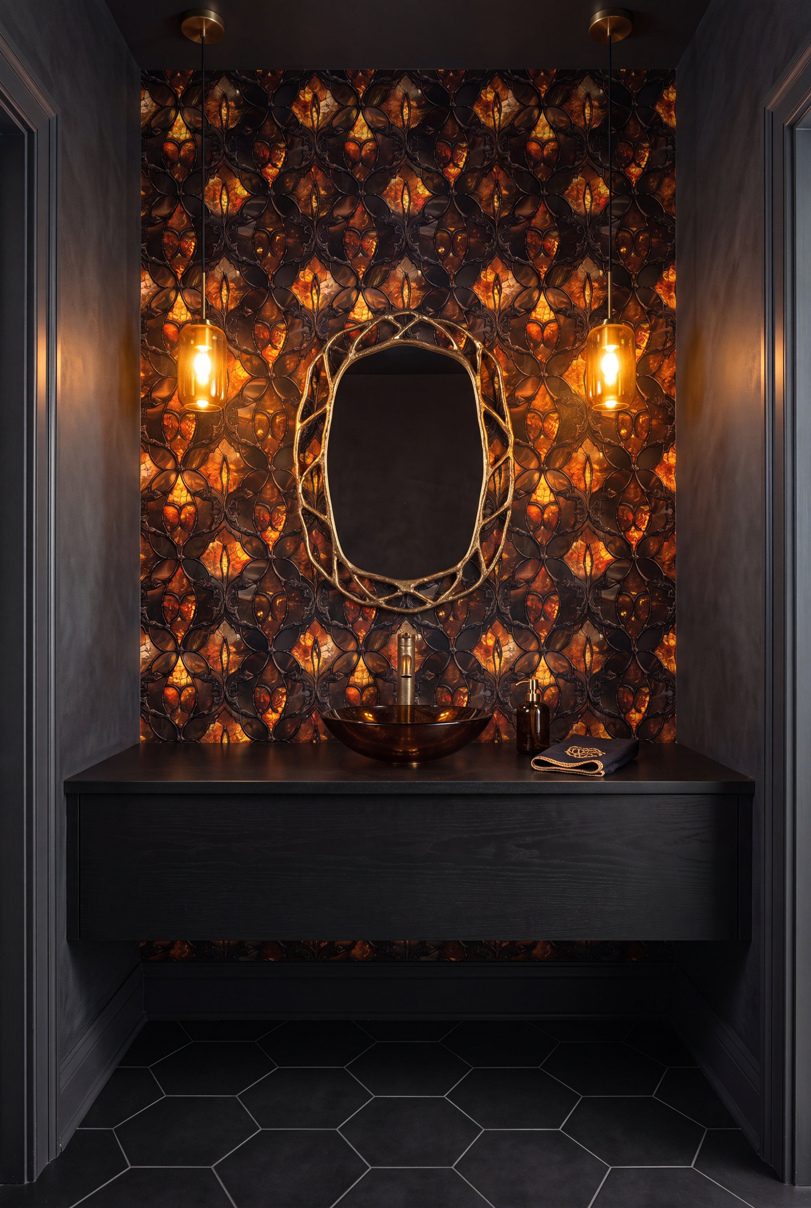 Amber Abbey wallpaper shown in a powder room