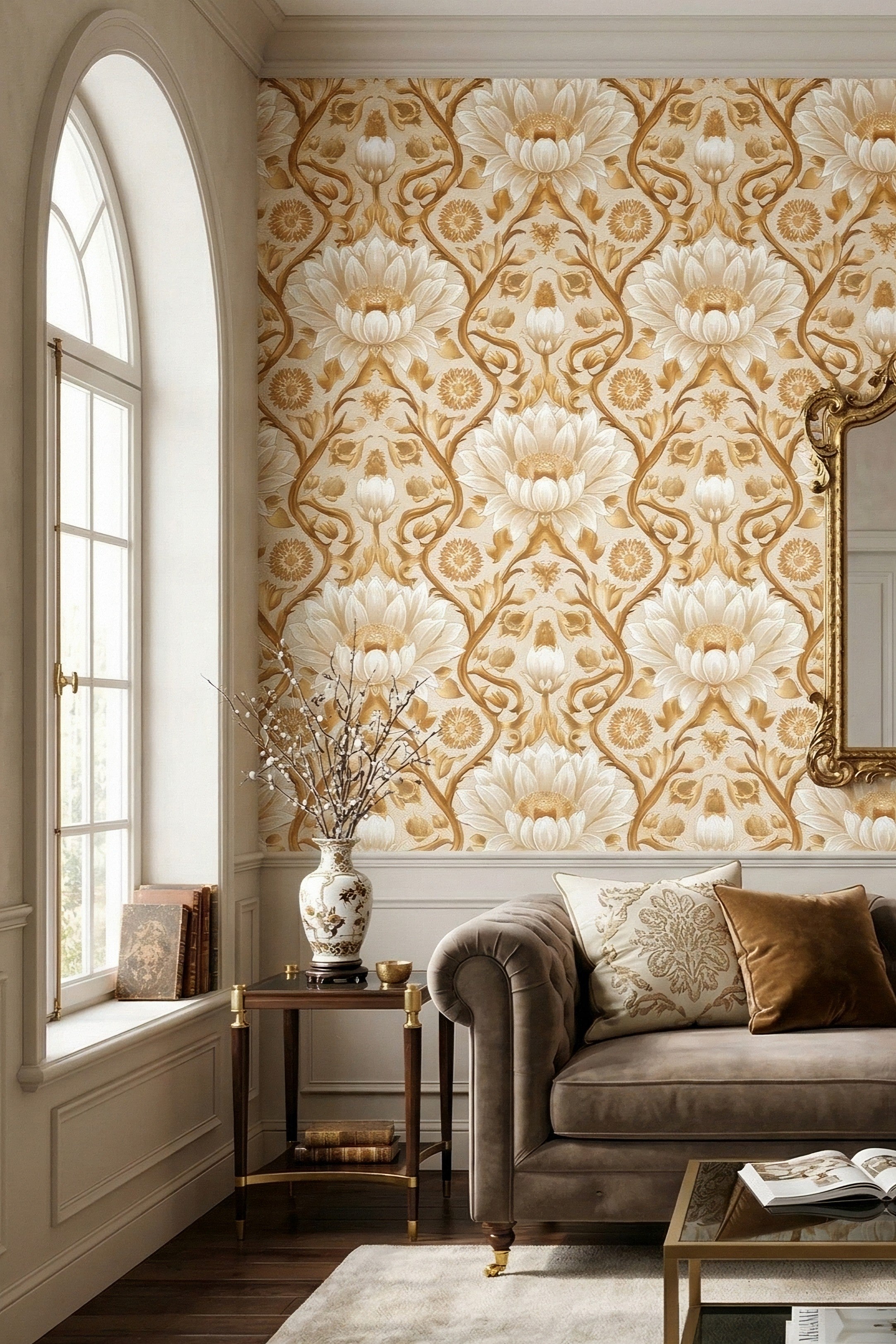 Golden Lotus wallpaper shown in a living room