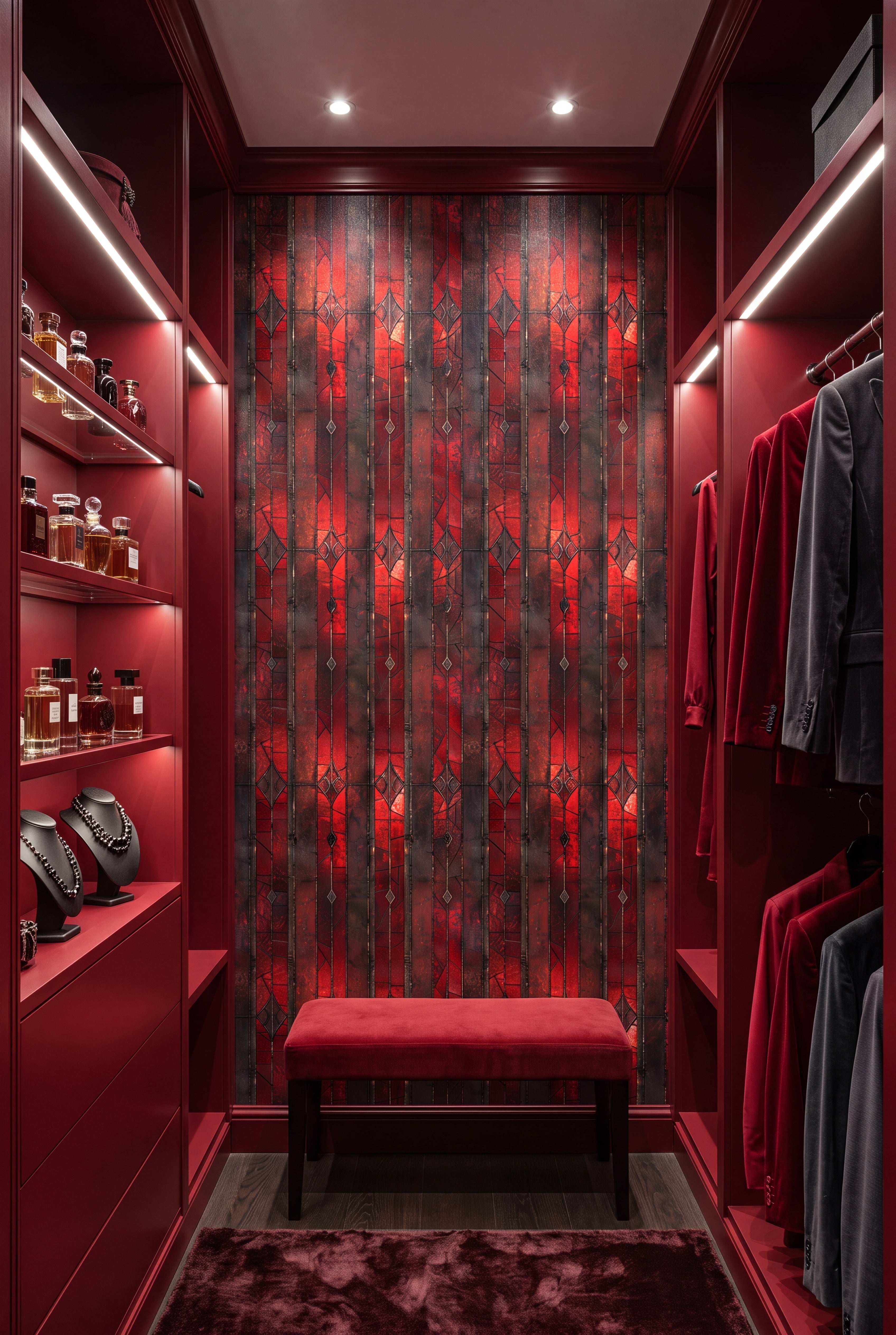 Crimson Glass wallpaper shown in a closet