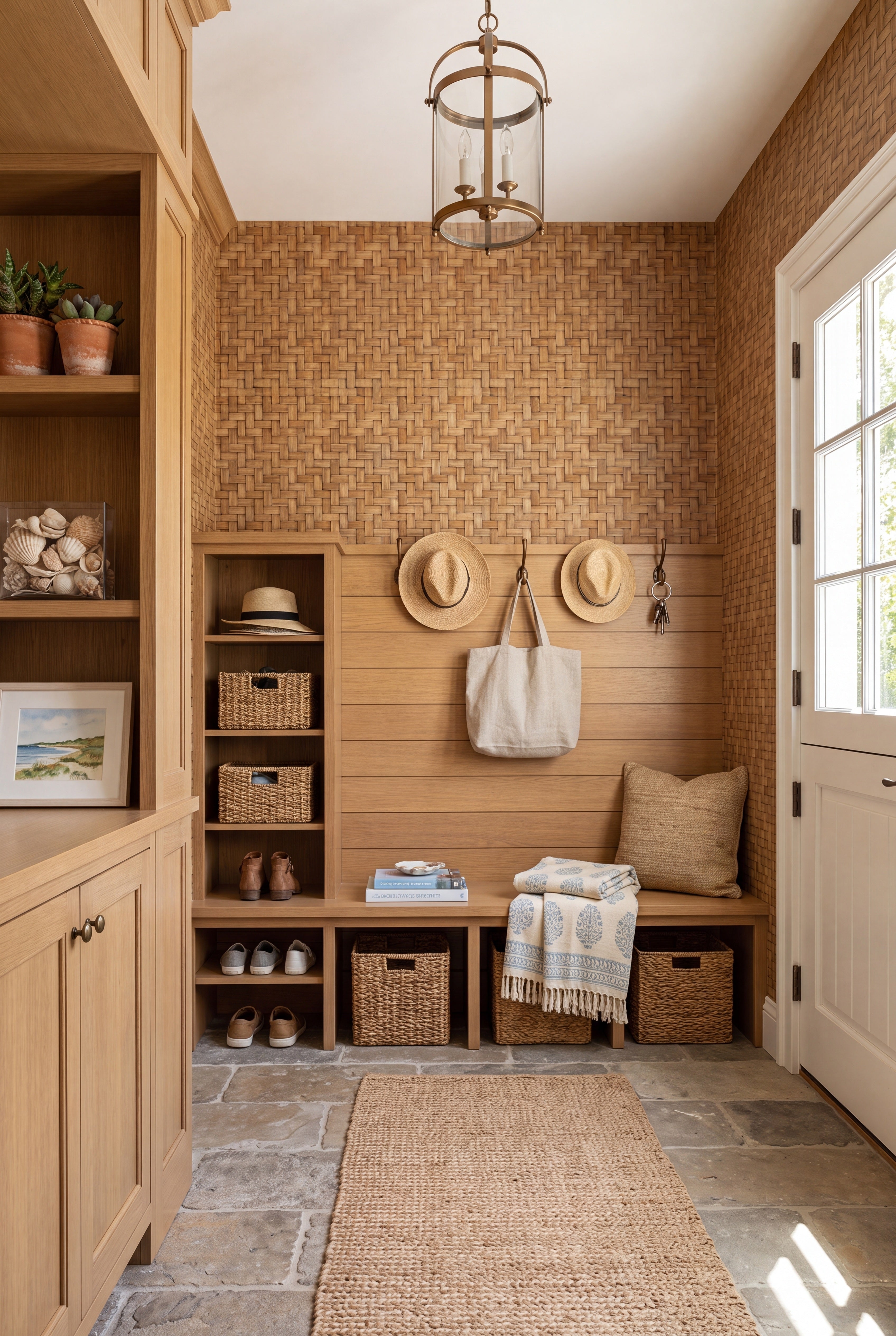 Basket Case wallpaper shown in a mudroom
