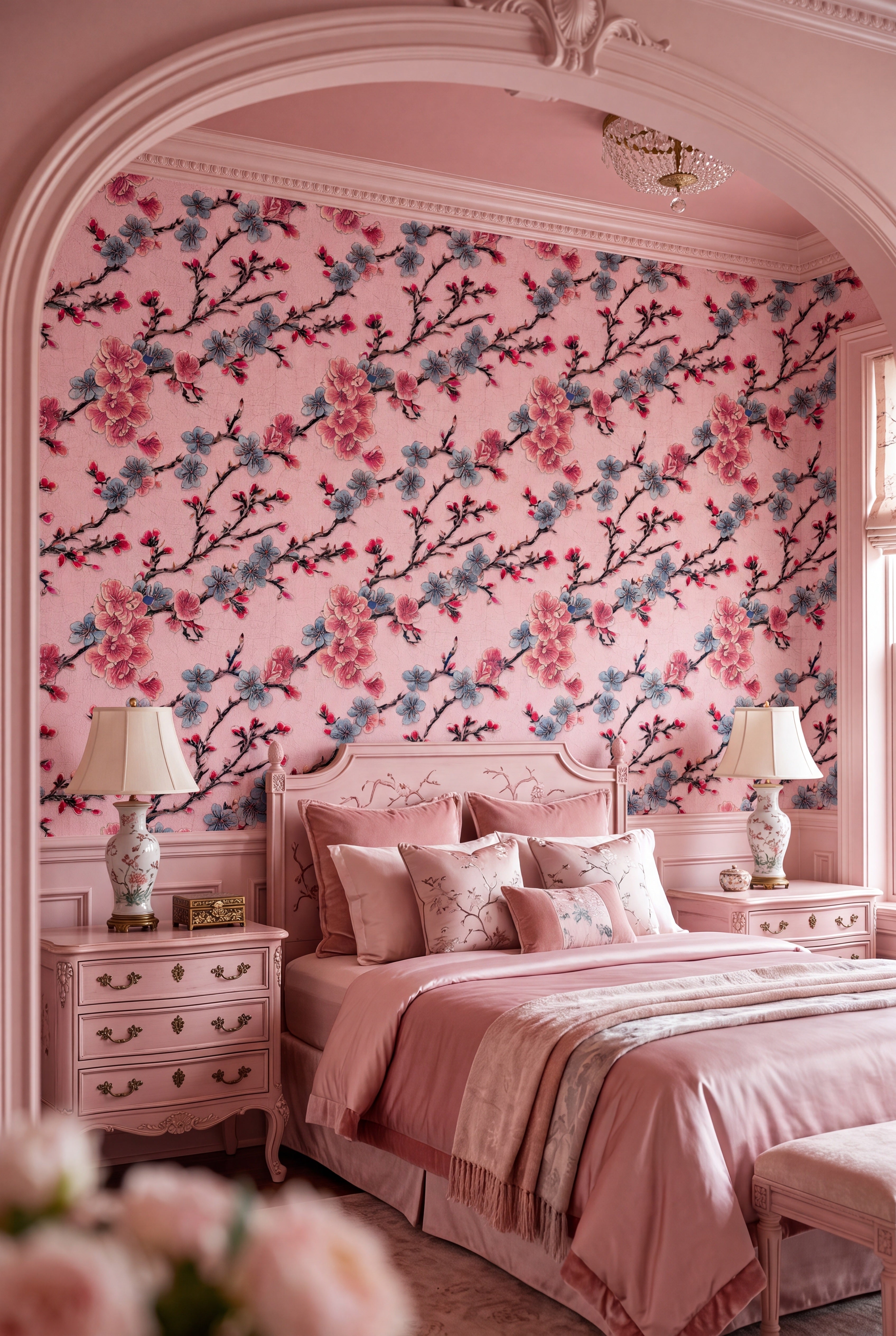 Sakura Blush wallpaper shown in a bedroom