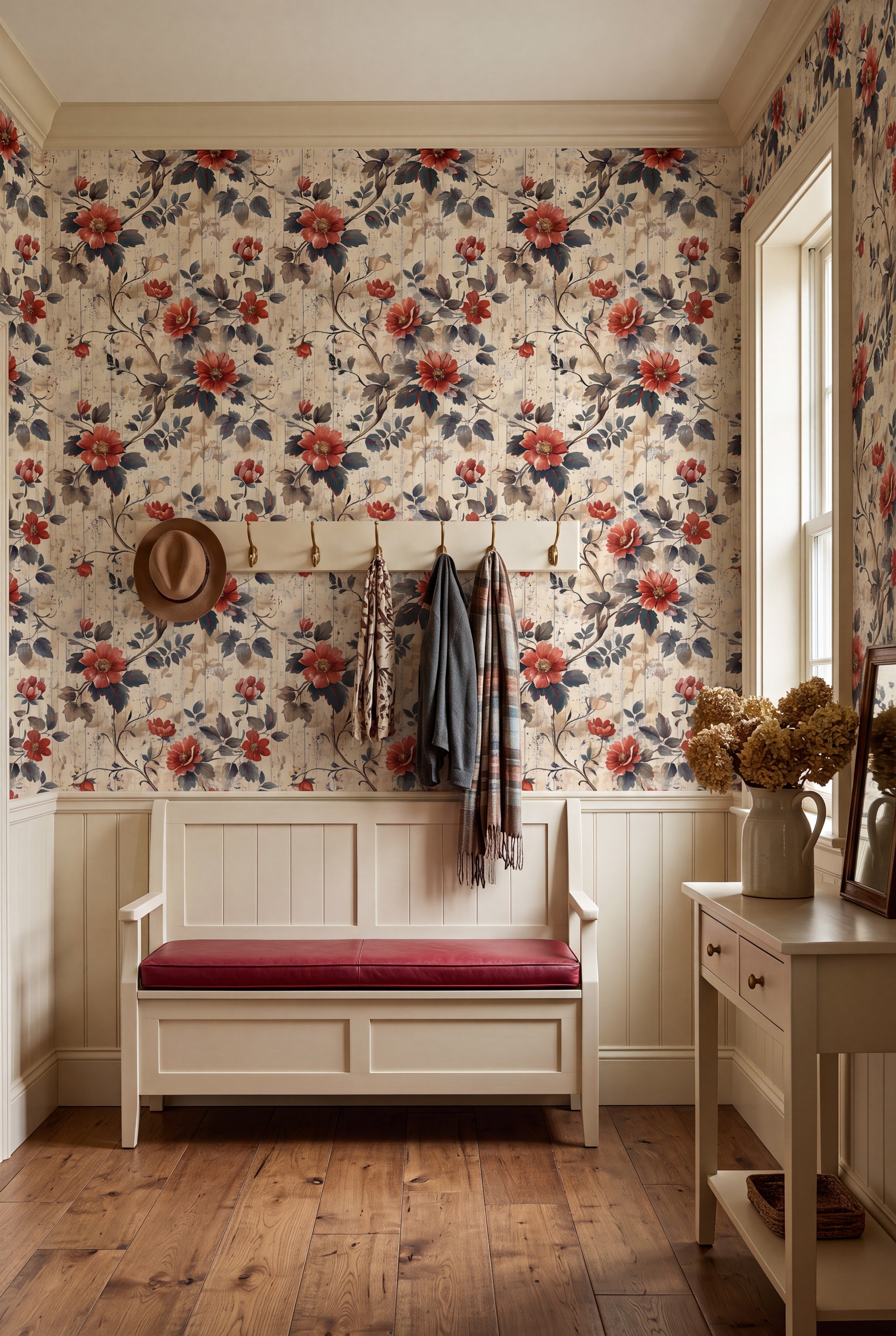 Rustic Rose wallpaper shown in a mudroom