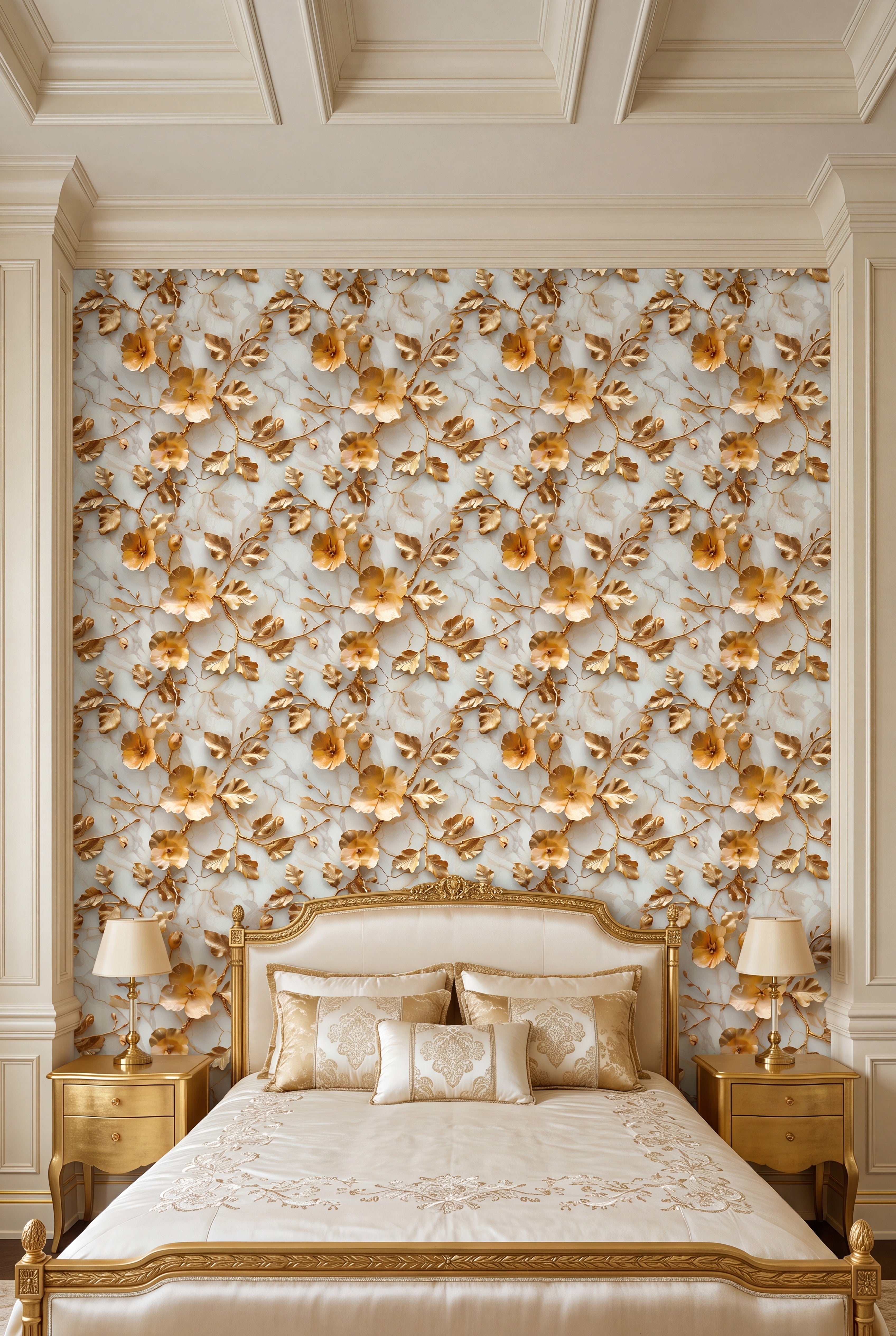 Midas Bloom wallpaper shown in a bedroom
