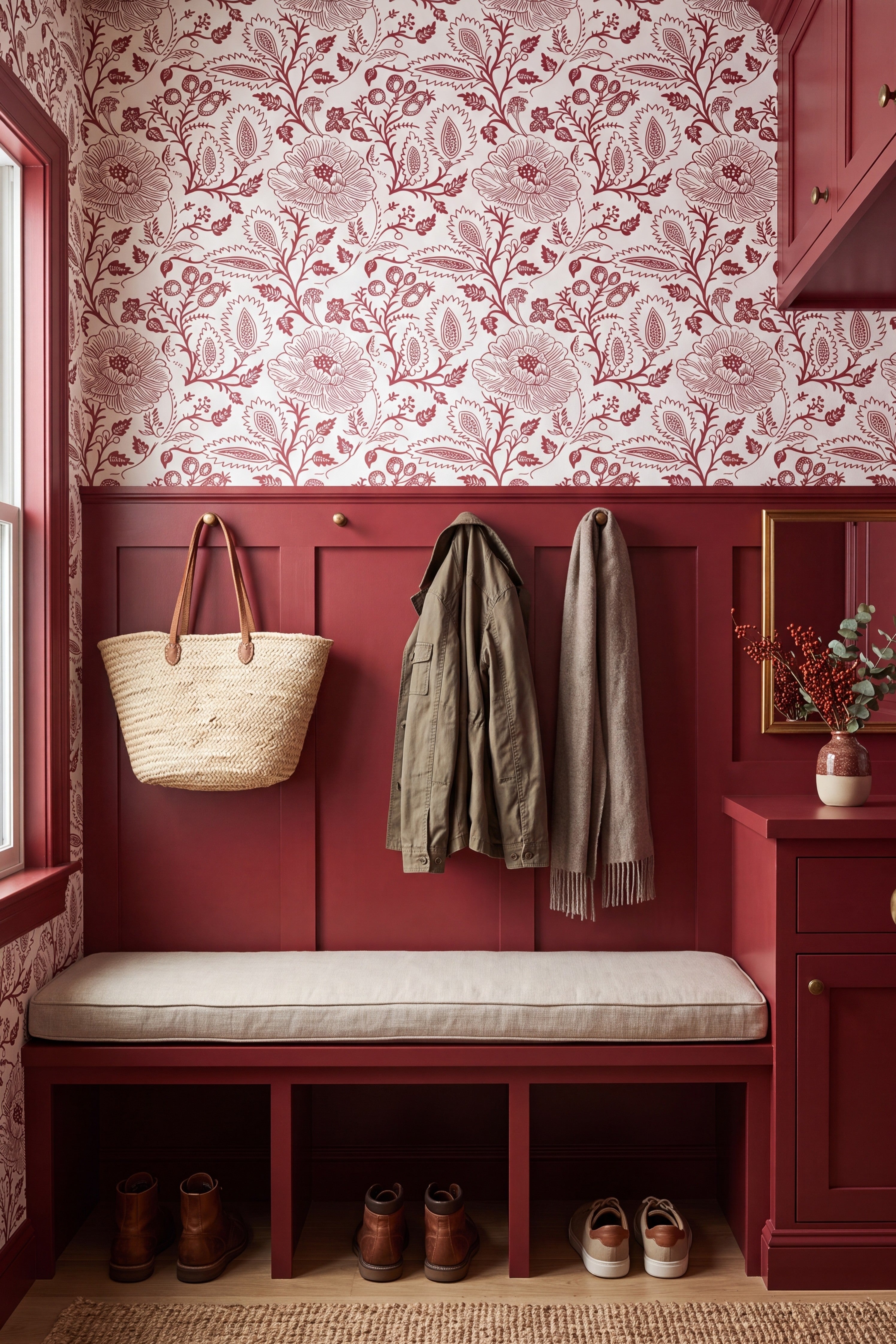 Scarlet Folk wallpaper shown in a mudroom
