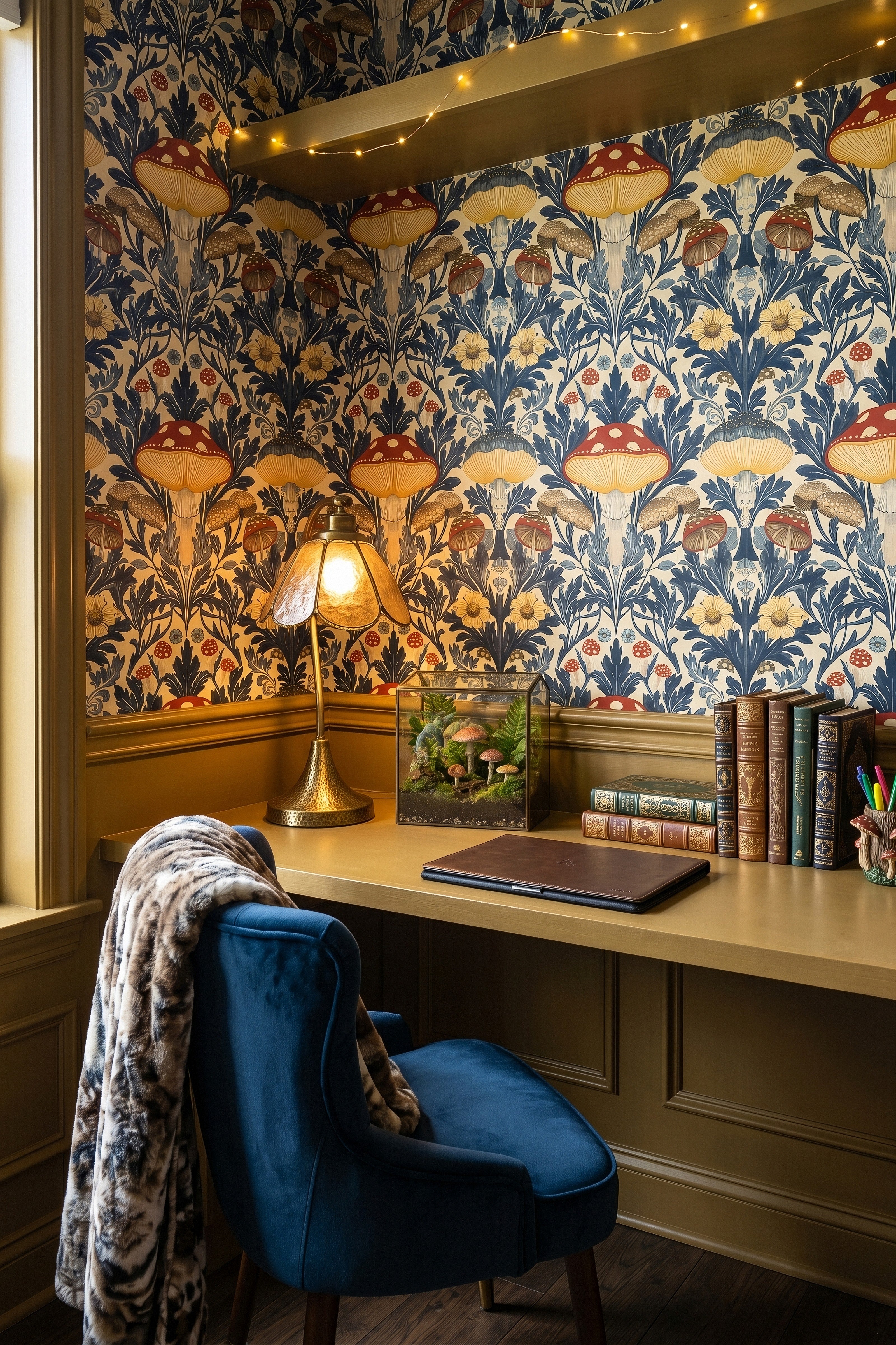 Toadstool Tapestry wallpaper shown in a home office