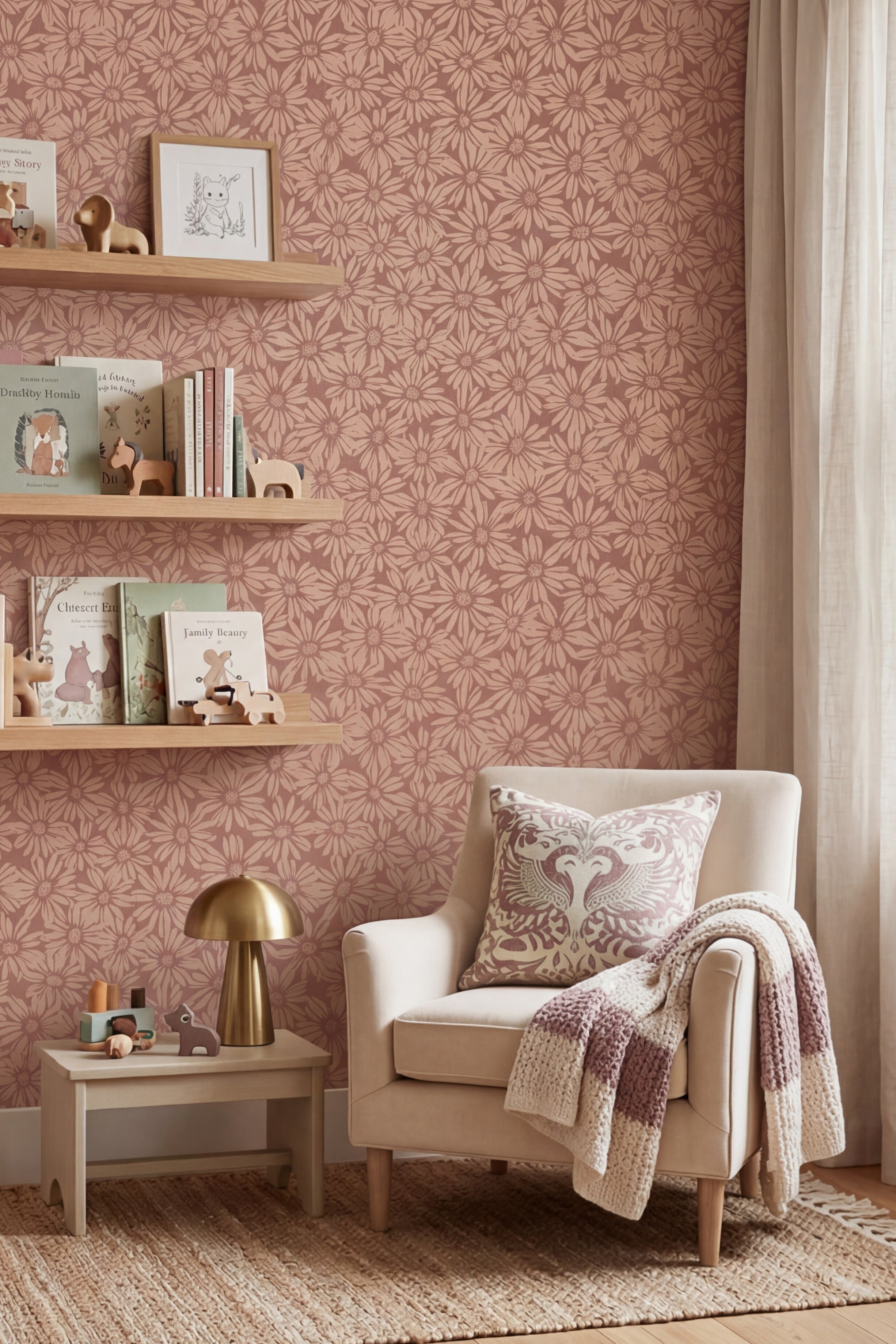 Mocha Daisy wallpaper shown in a reading corner