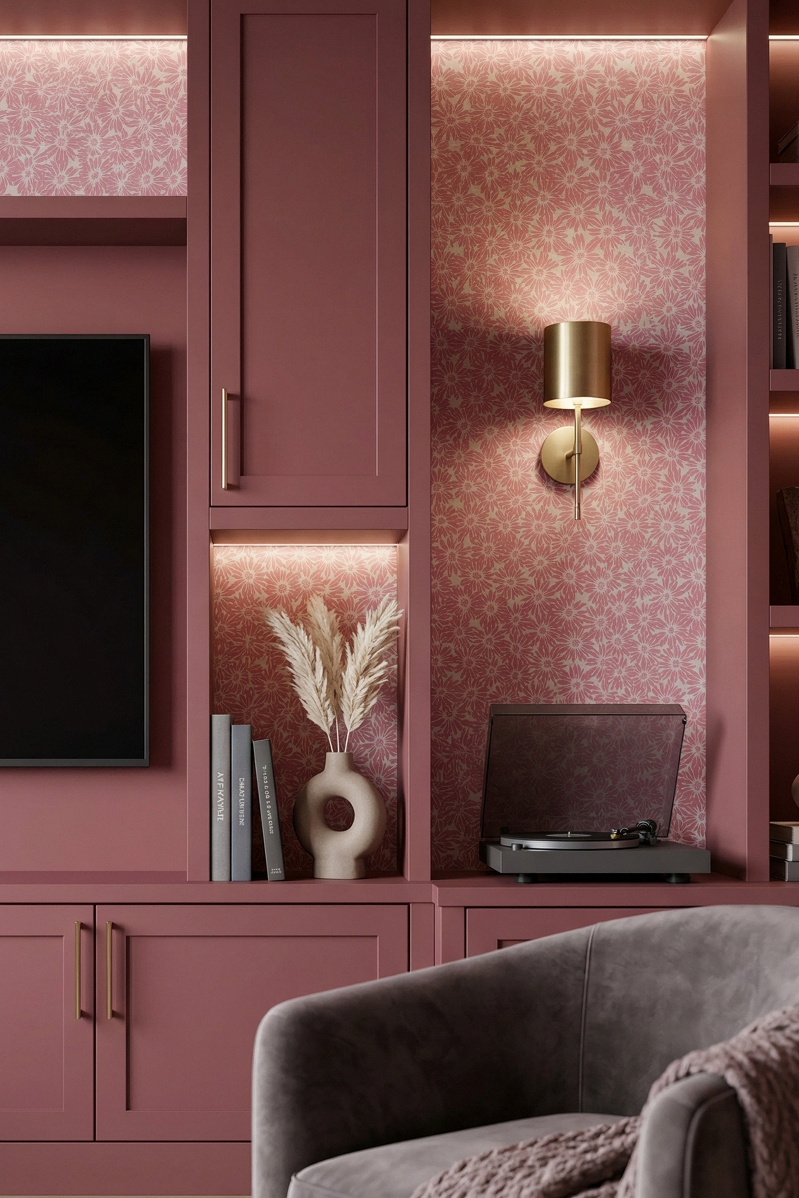 Baby Daisy wallpaper shown in a media room