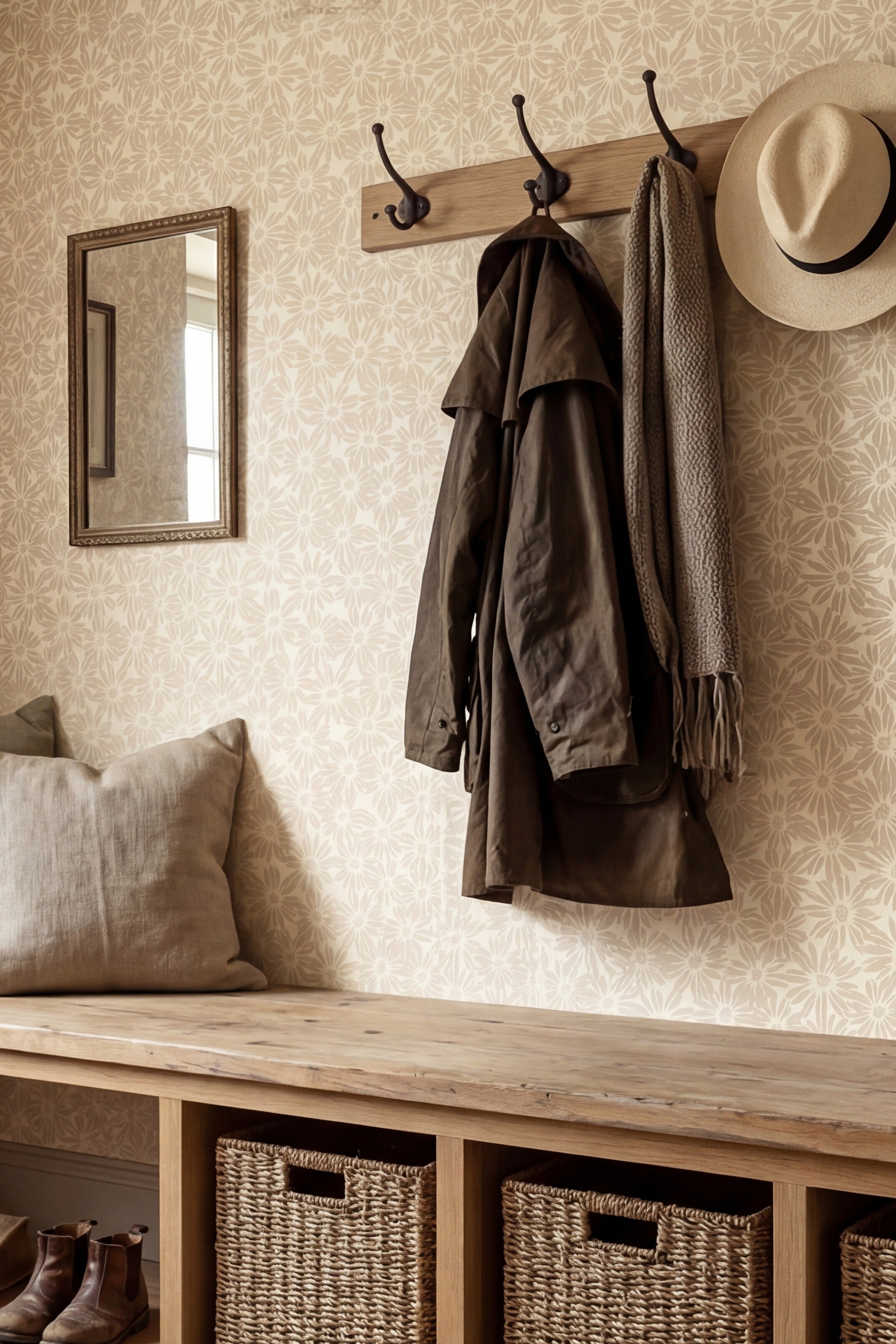 Daisy Fields wallpaper shown in a mudroom