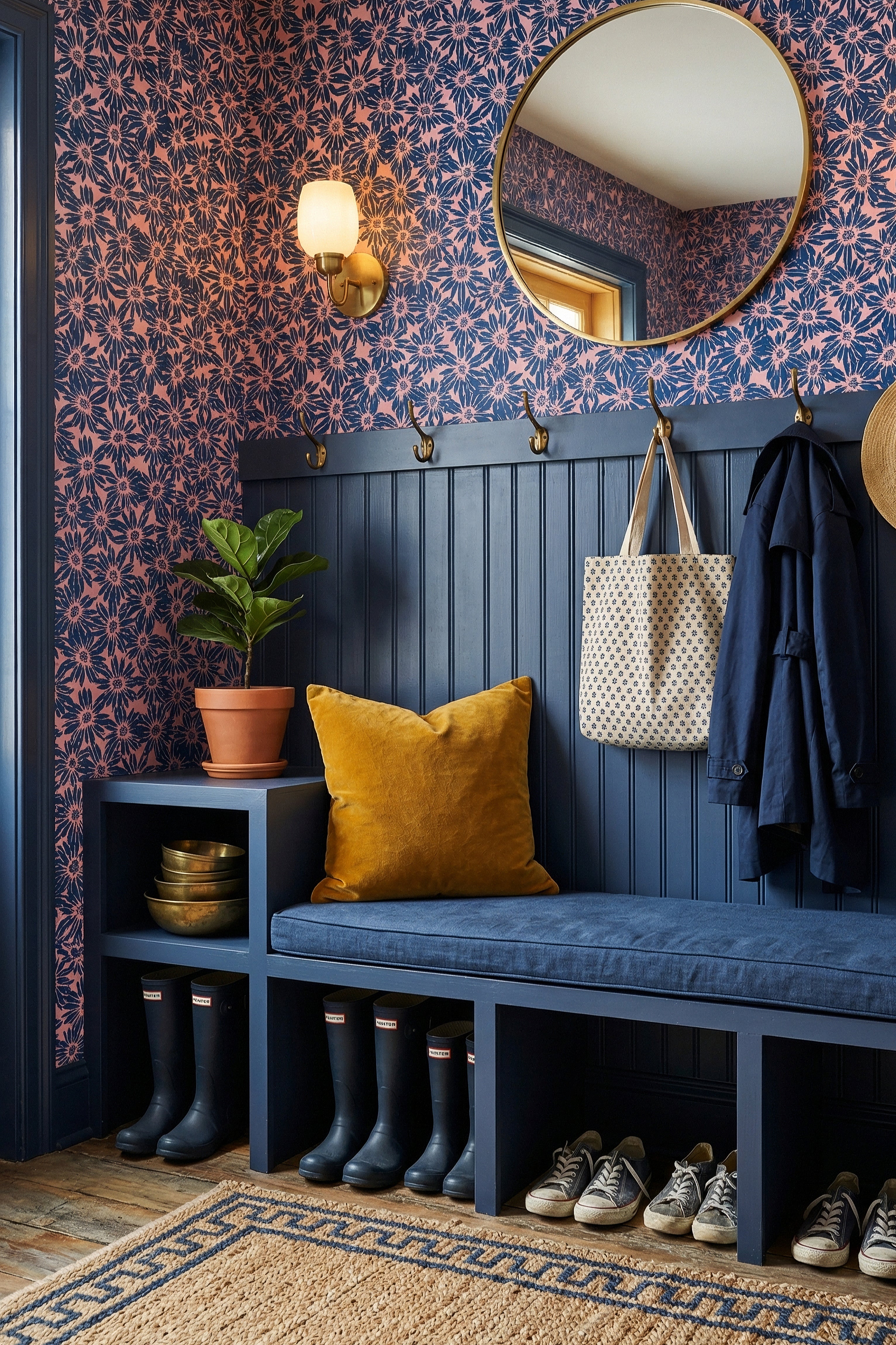 Midnight Daisy wallpaper shown in a mudroom