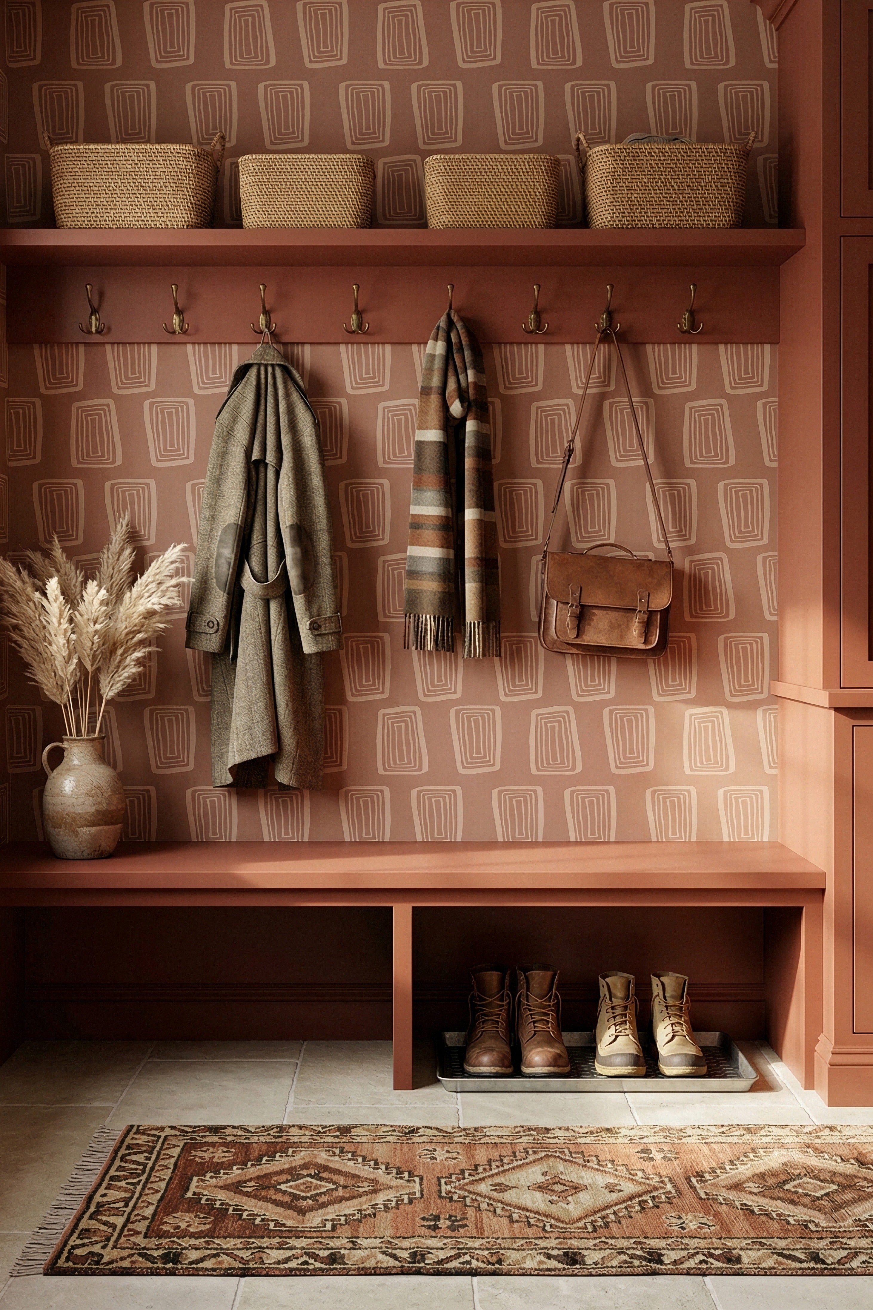 Mocha Mod wallpaper shown in a mudroom