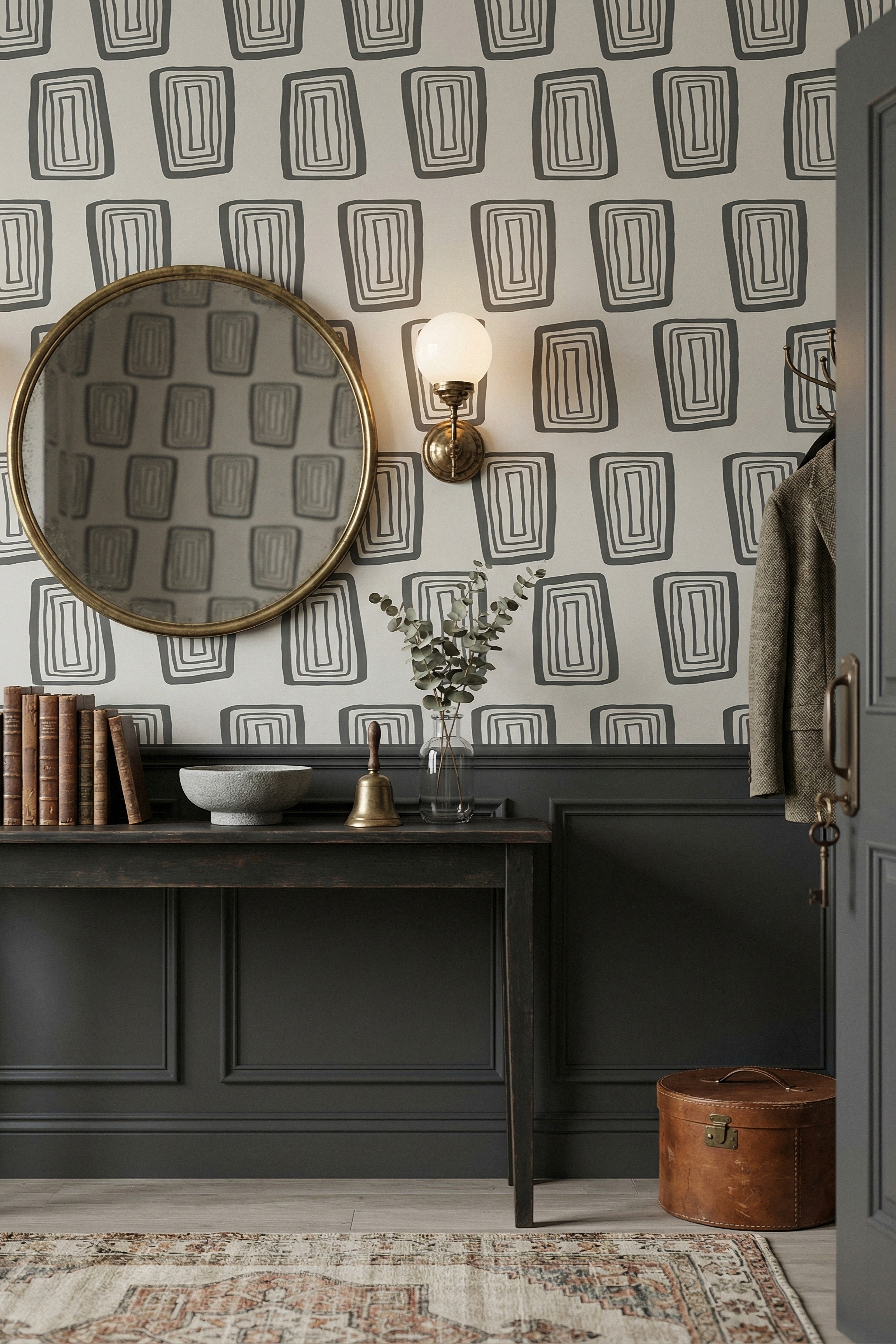 Grayscale Mod wallpaper shown in an entryway