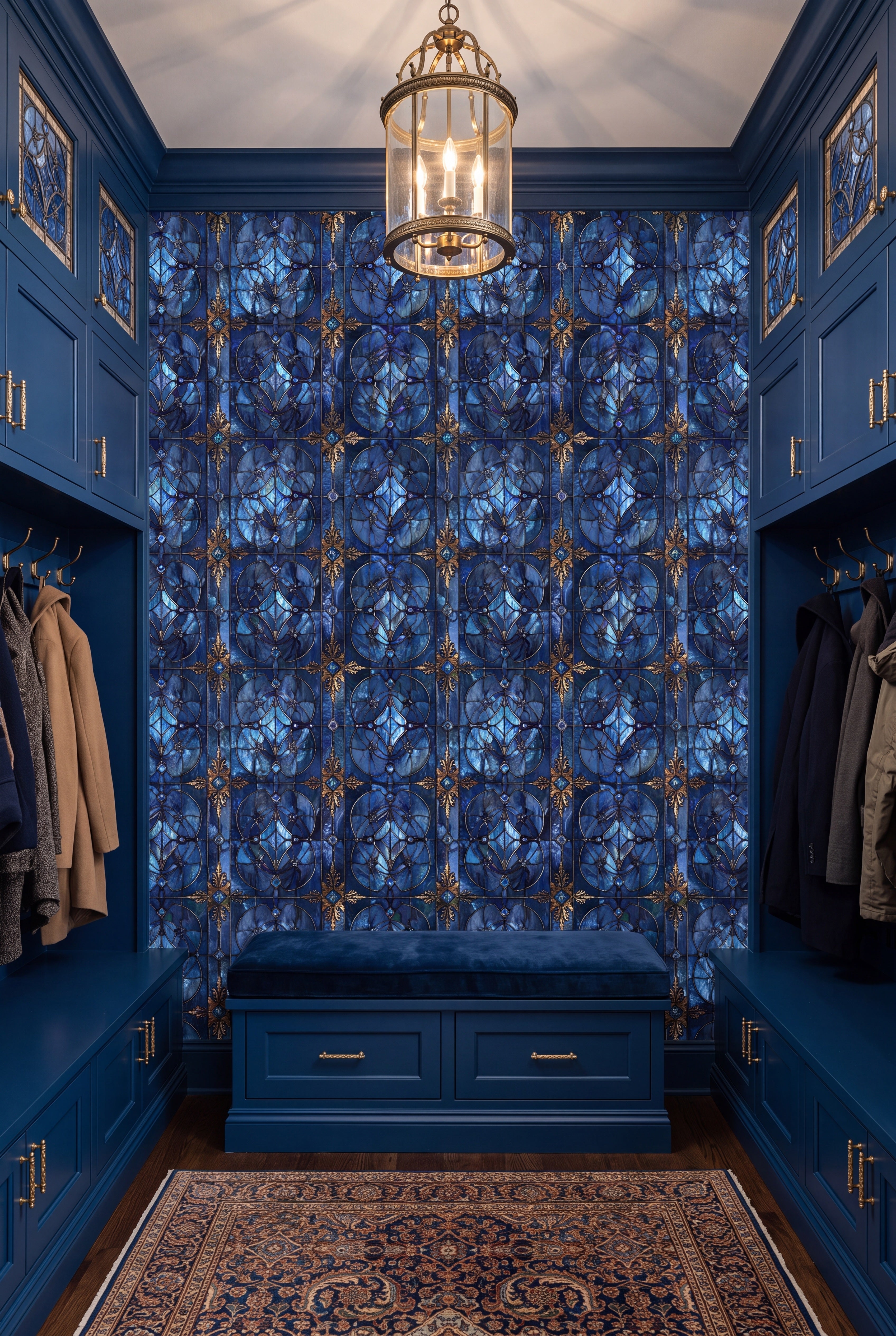 Cathedral Blue wallpaper shown in a mudroom