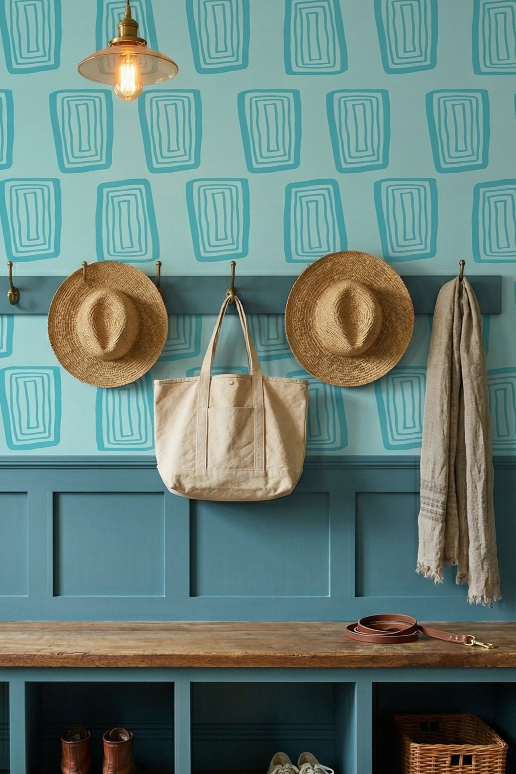 Aqua Blocks wallpaper shown in a mudroom