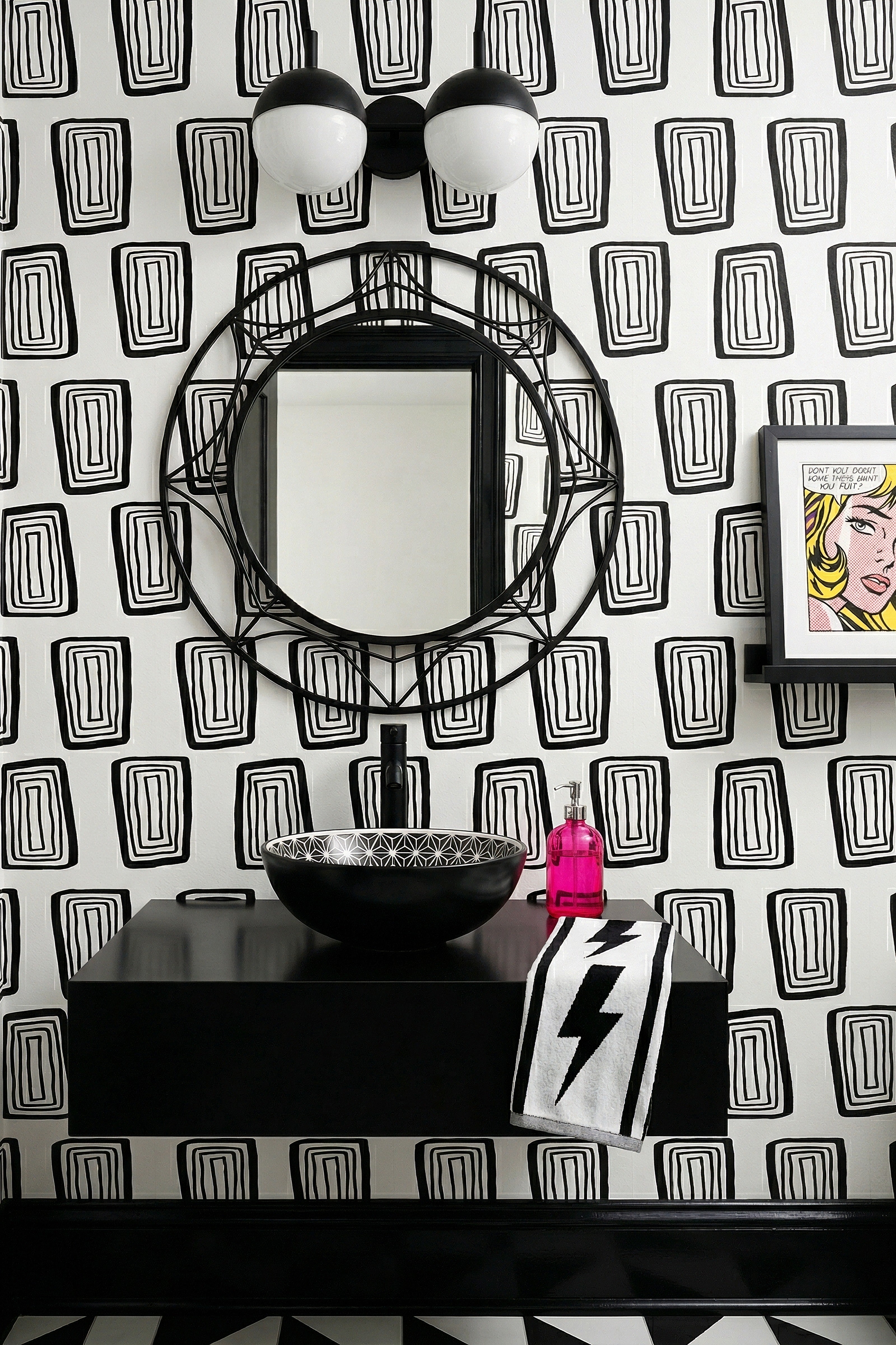 Domino wallpaper shown in a powder room