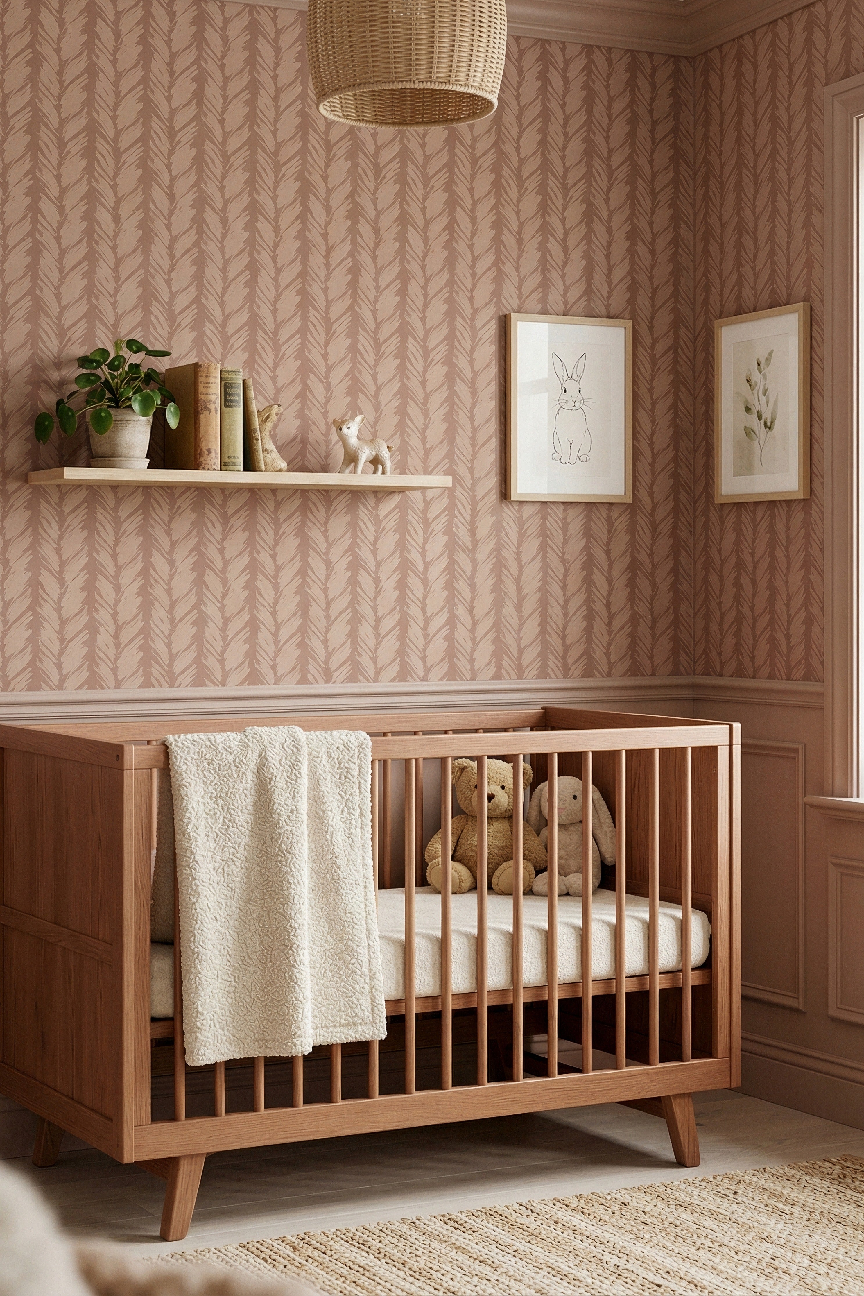 Mocha Brush wallpaper shown in a nursery