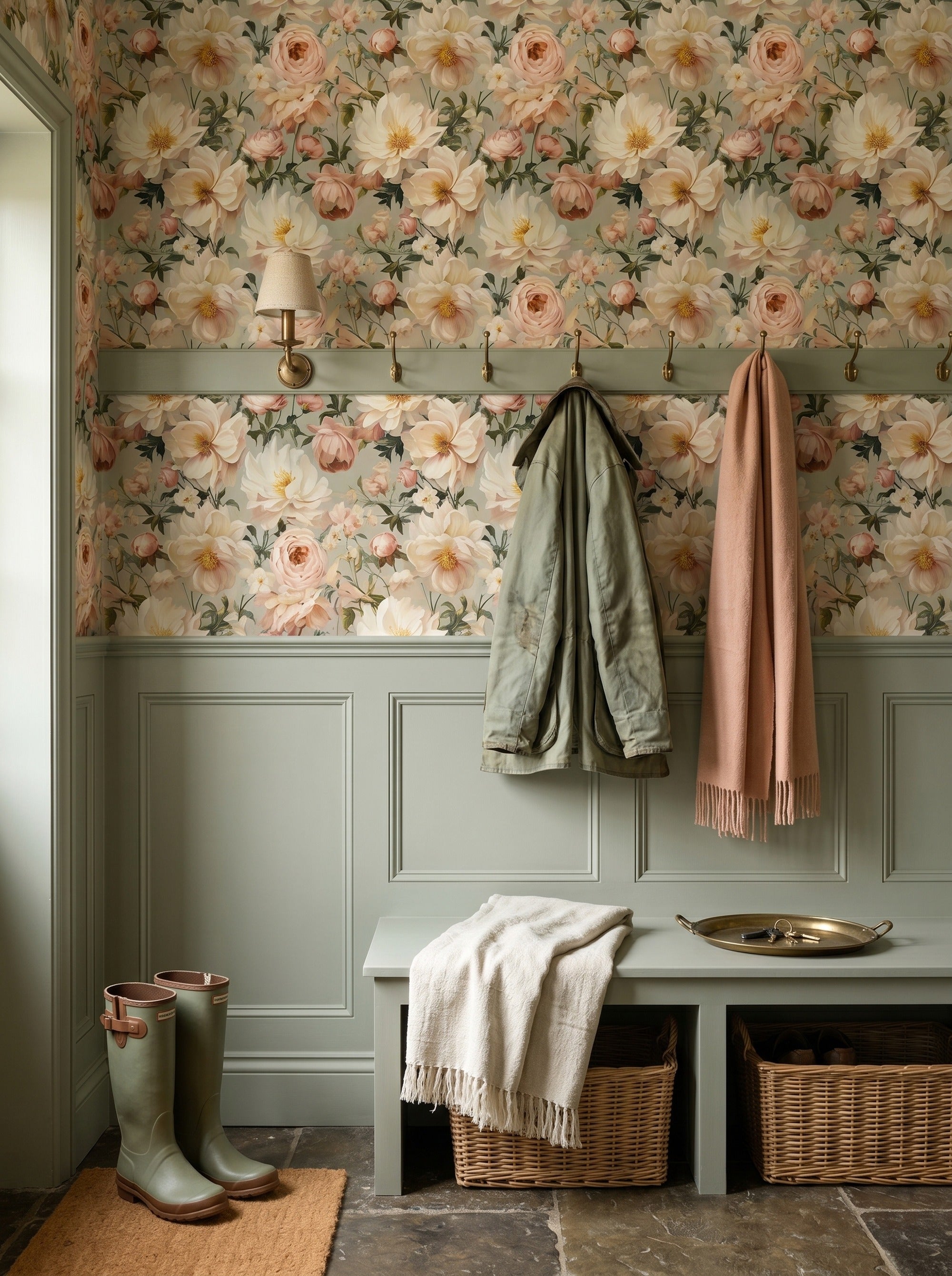 Parlor Cream wallpaper shown in a mudroom