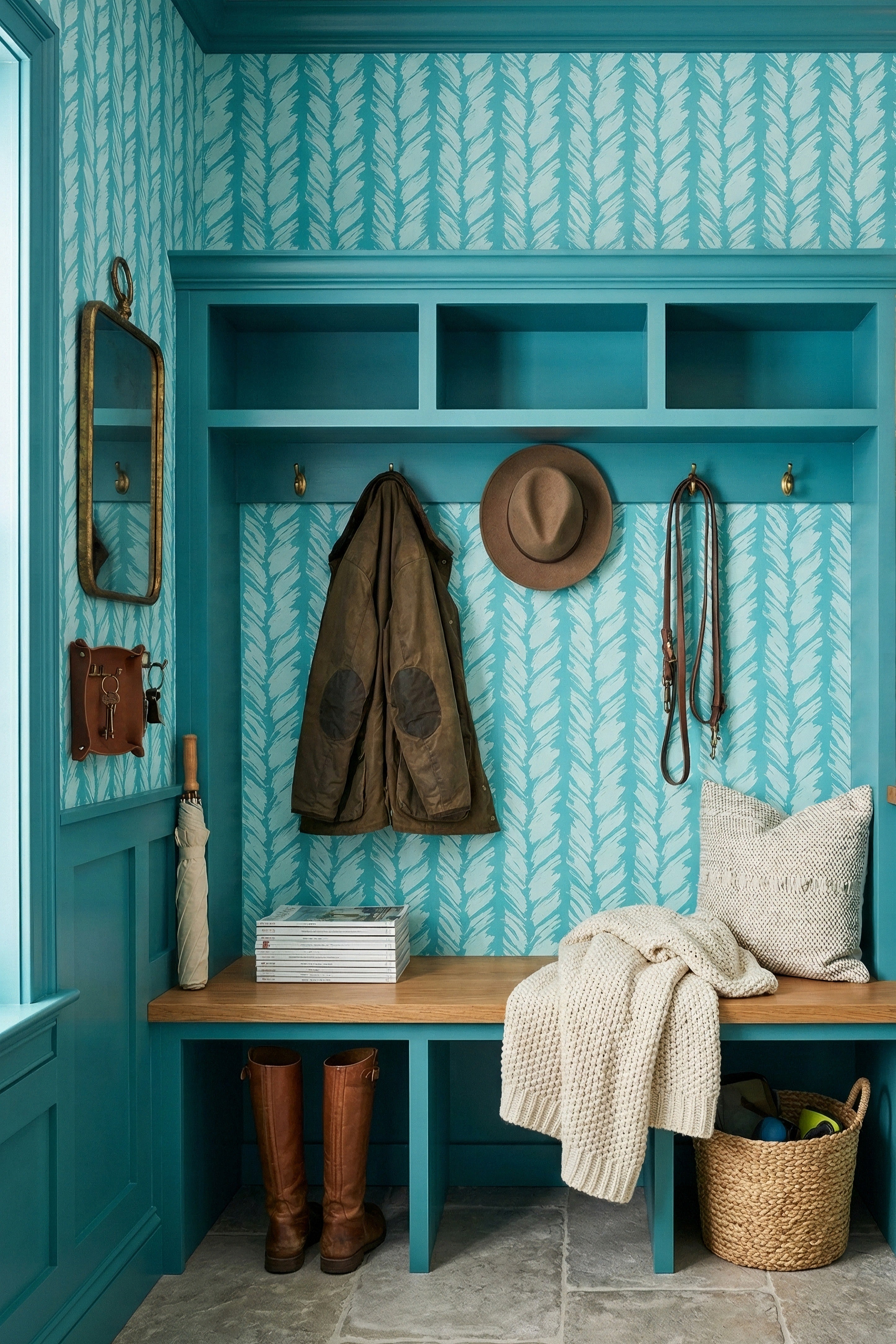 Teal Cabana wallpaper shown in a mudroom
