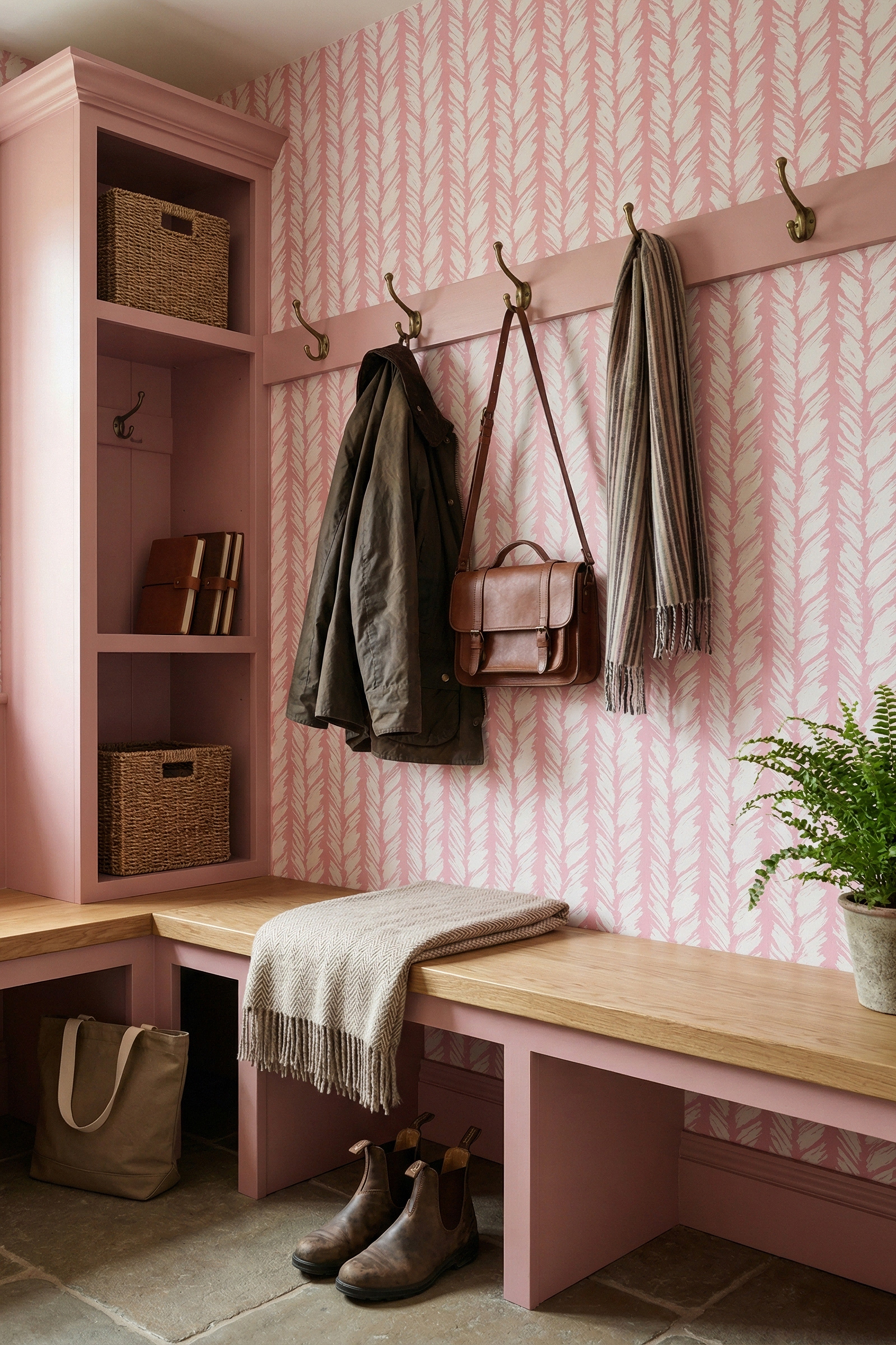 Blush Brush wallpaper shown in a mudroom