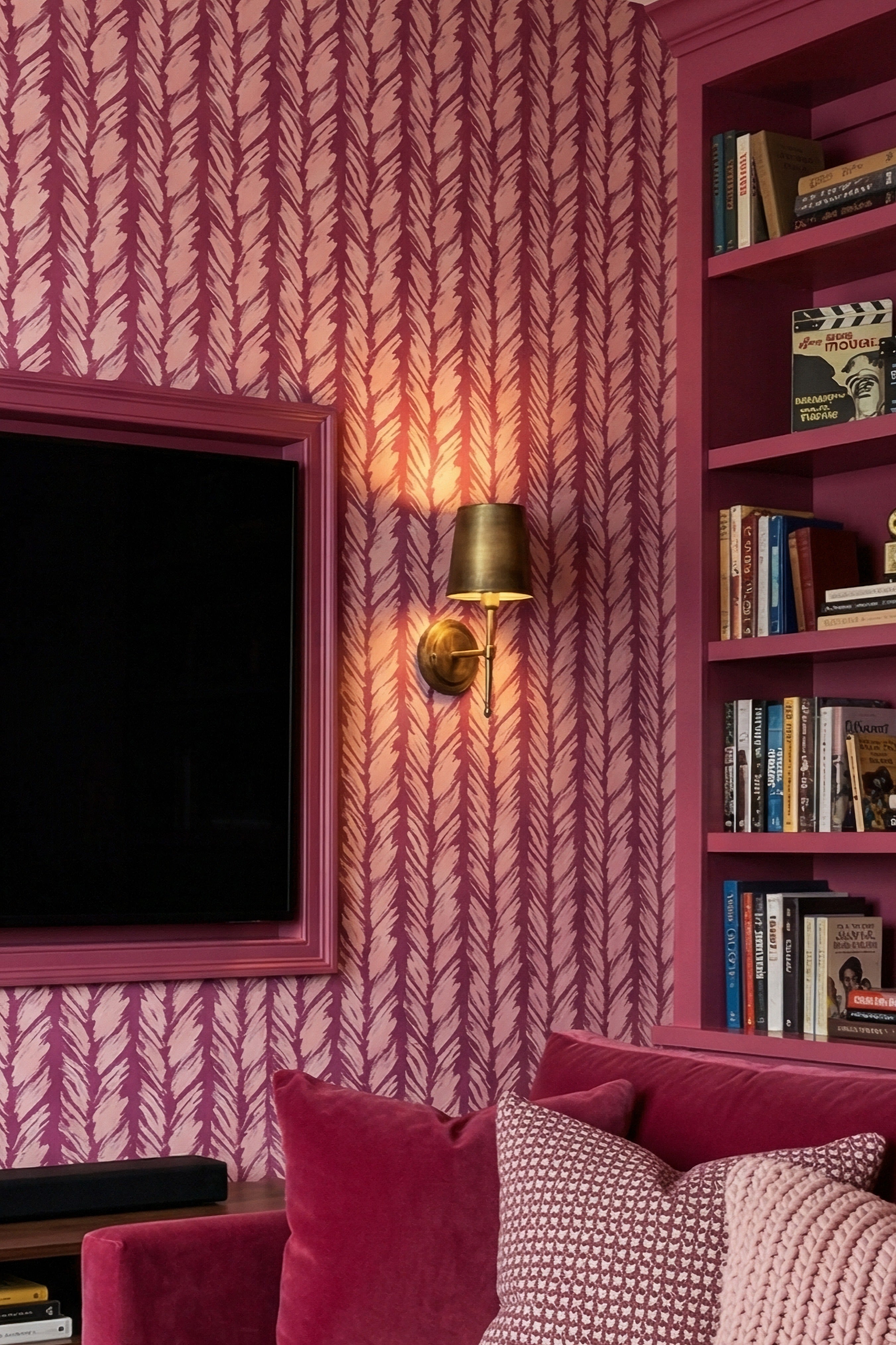 Pink Sketch wallpaper shown in a media room