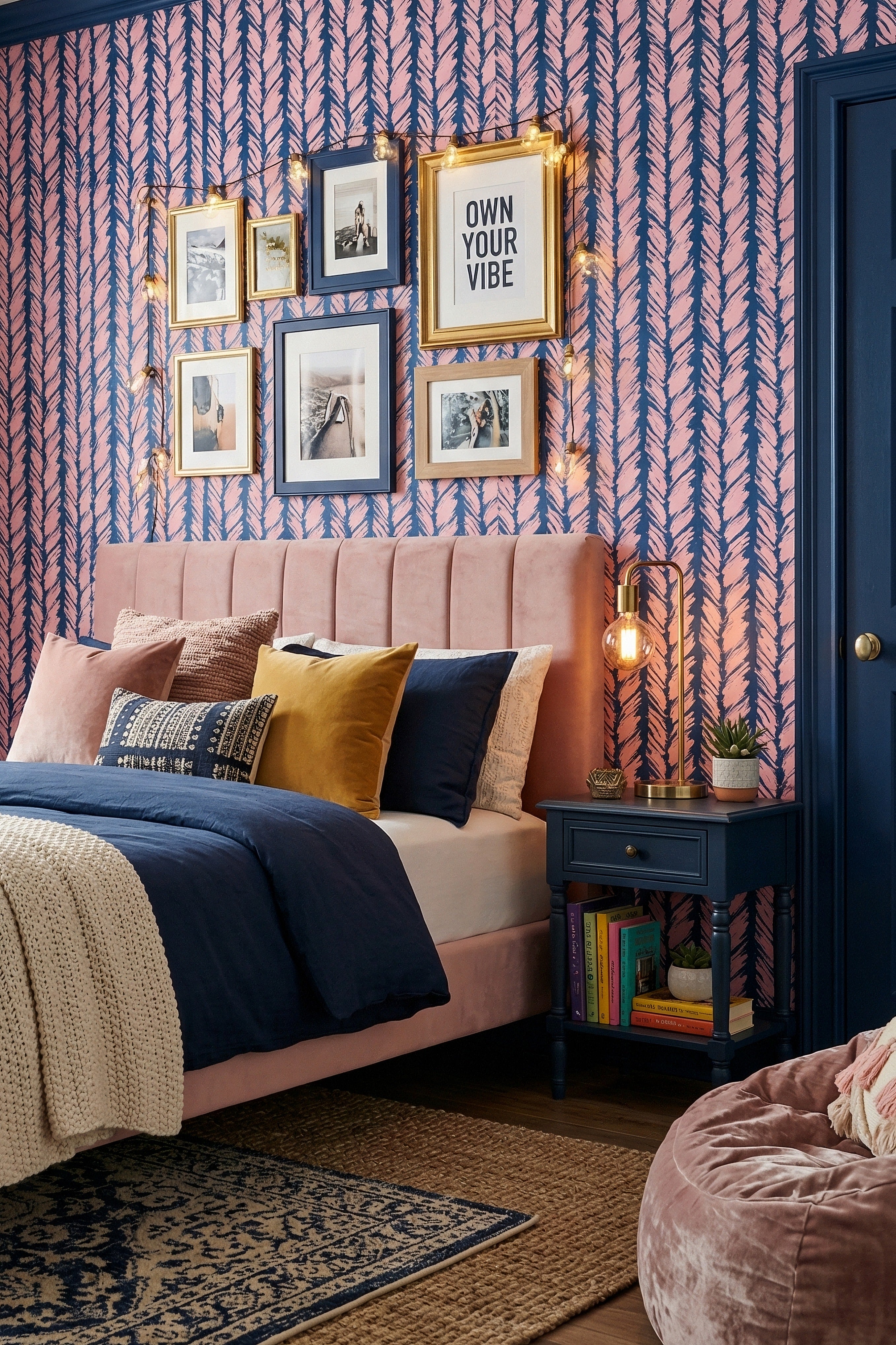 Preppy Brush wallpaper shown in a bedroom