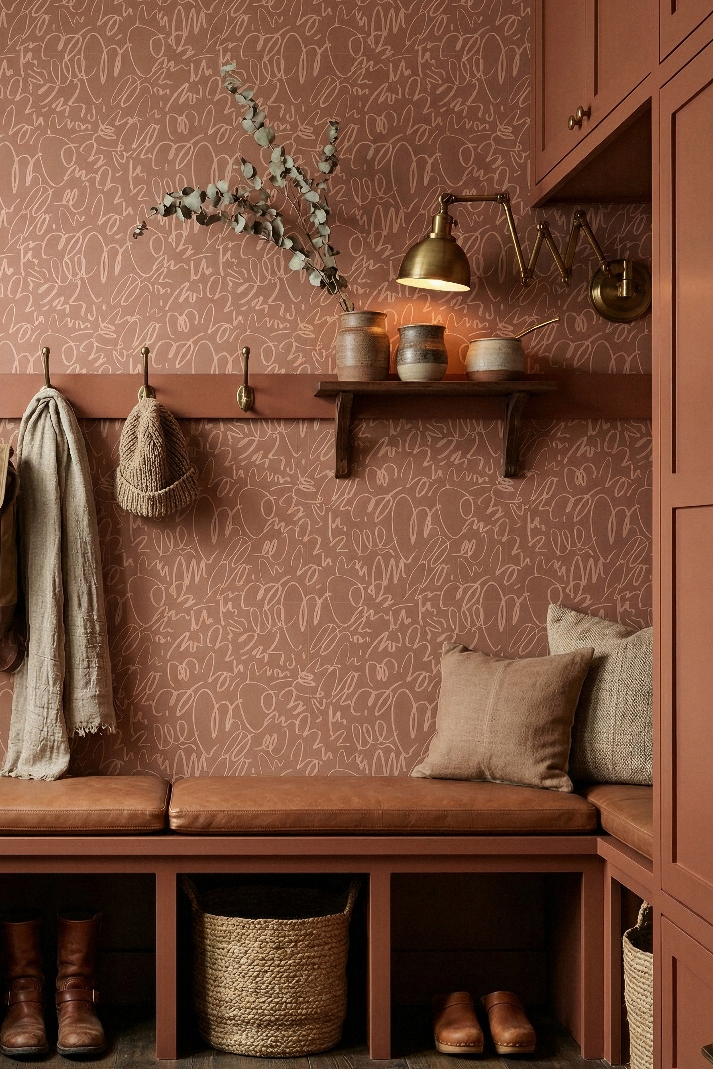 Mocha Doodle wallpaper shown in a mudroom