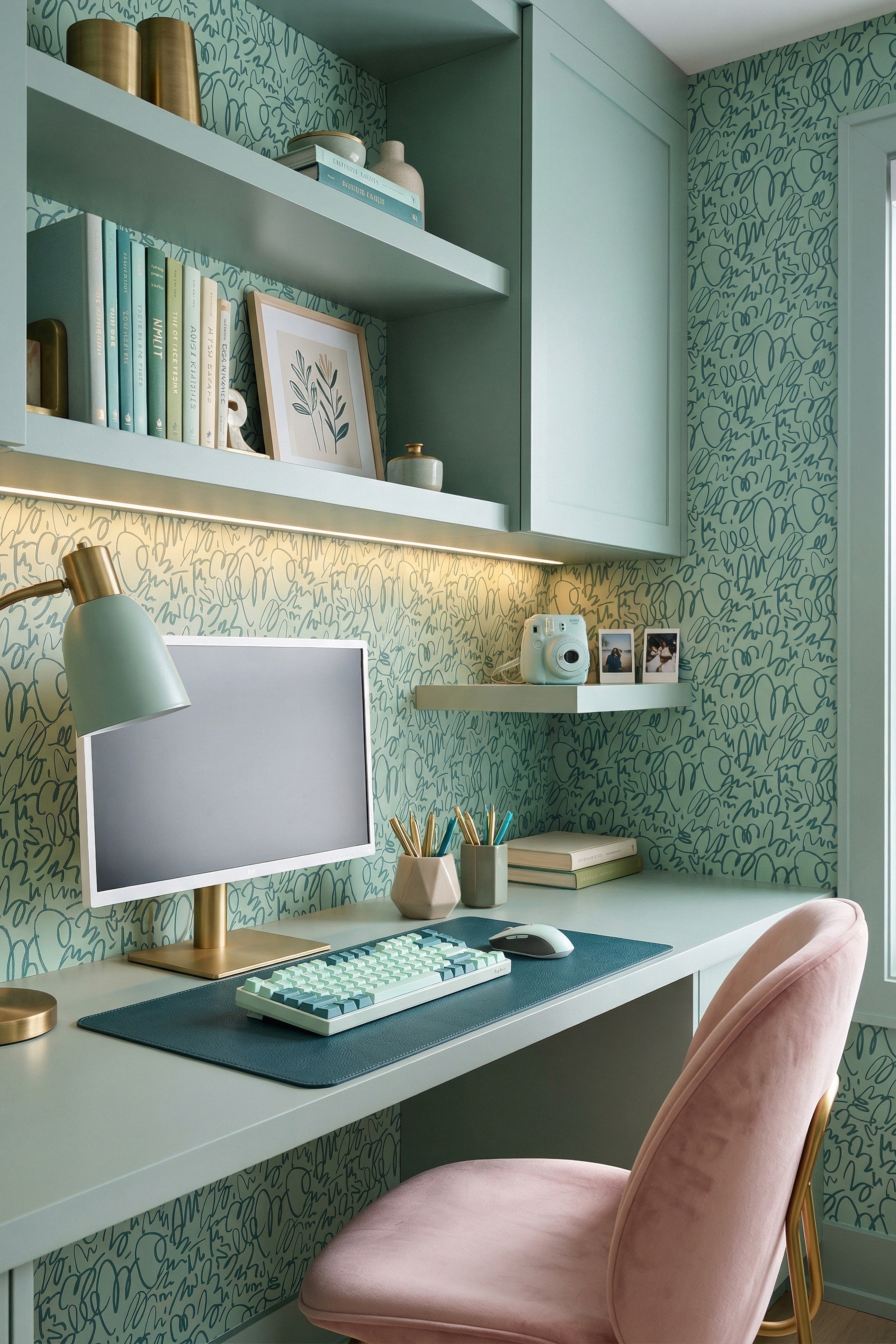 Sage Scribble wallpaper shown in a home office
