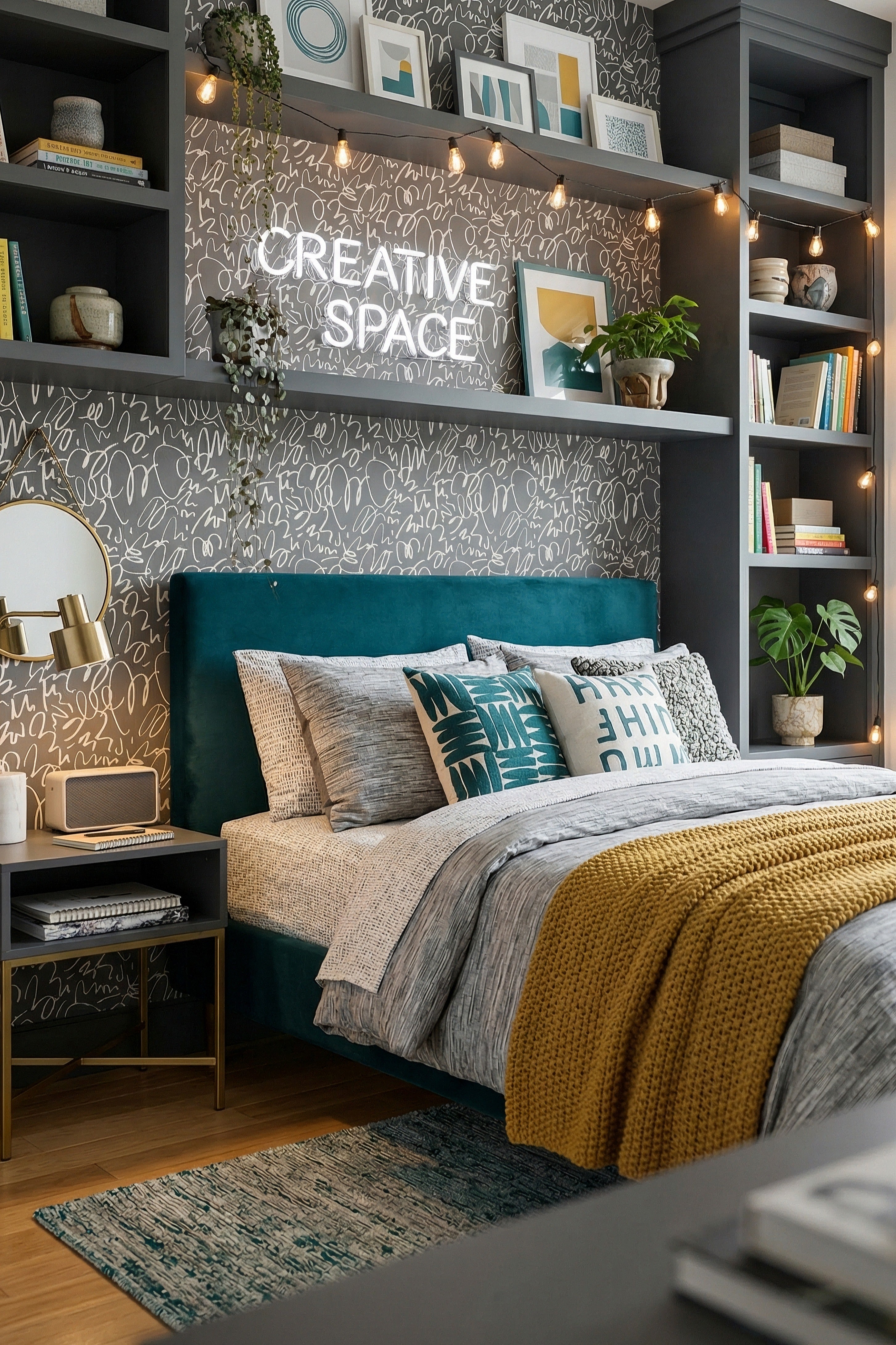 Graphite Doodle wallpaper shown in a bedroom